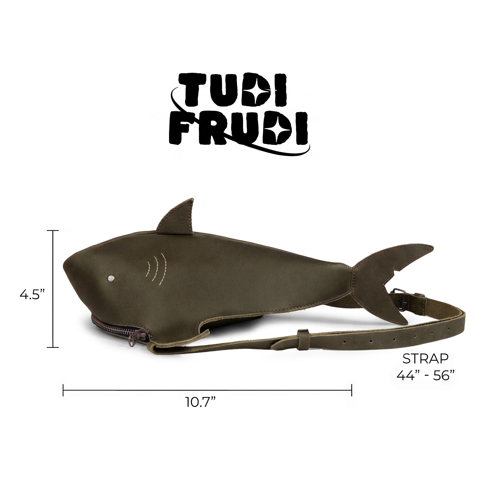 Dimensions of the Shark-Shaped Shoulder Bag by Tudi Frudi, emphasizing its stylish full grain leather design. Perfect for crossbody or messenger use, each bag is handmade in La Antigua Guatemala, featuring artisan craftsmanship and unique style.