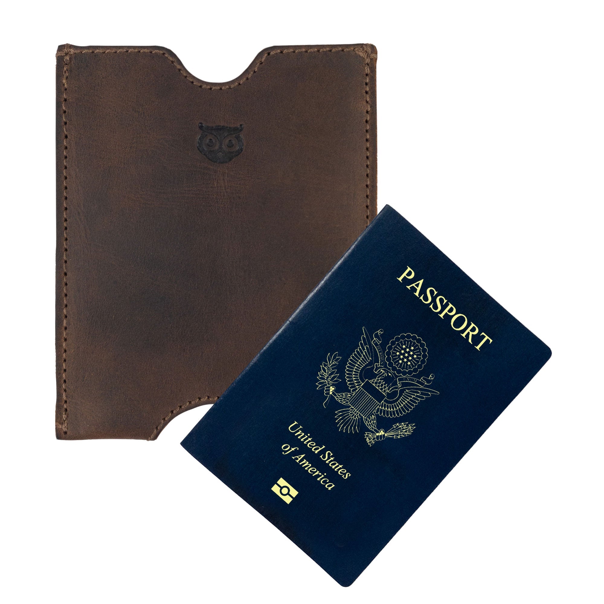 Hide & Drink Passport Sleeve displayed with a United States passport, illustrating its perfect fit. This Travel Passport Pocket Sleeve is crafted from Full Grain Leather, fire branded, and represents small batch production excellence.