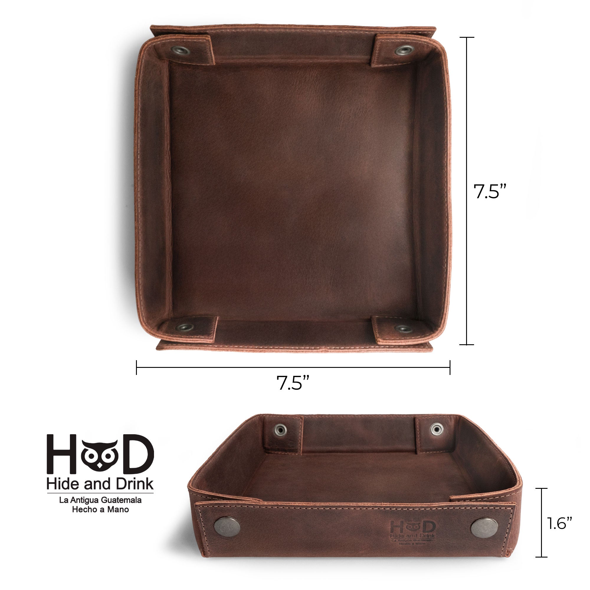 Hide & Drink Jumbo Tray, showcasing a classic catchall tray design made from full grain leather, perfect for organizing coins and watches. With artisan craftsmanship from La Antigua Guatemala, this durable tray embodies a vintage aesthetic.