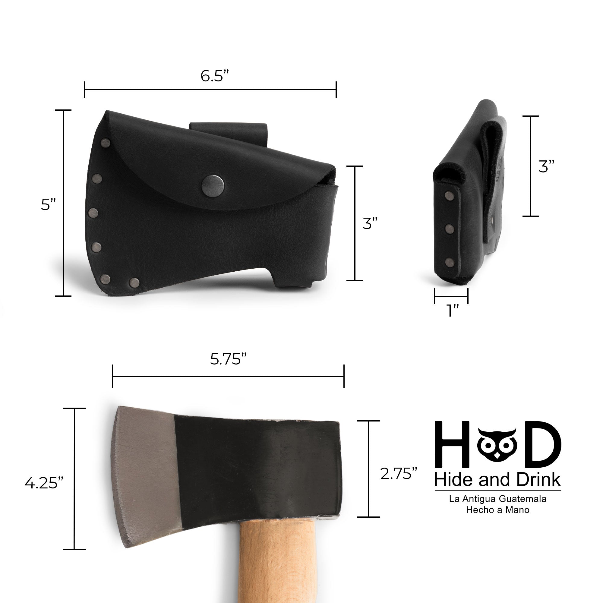Hide & Drink Hatchet Head Sheath dimensions outlined, illustrating the use of full grain leather for a reliable axe head case and blade cover suitable for lumberjack outdoors. Artisan-crafted in La Antigua Guatemala & Oaxaca Mexico for small batch quality.