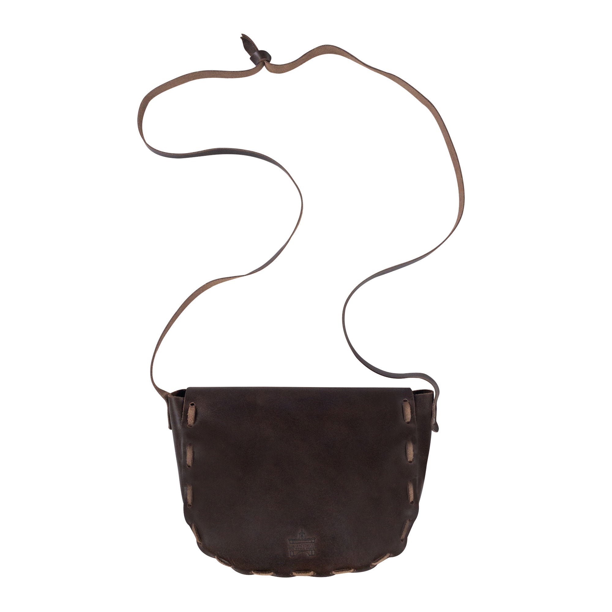 Front view of a Medieval Style Shoulder Bag by La Antigua, emphasizing its unique craftsmanship. This crossbody bag is perfect for travel, made of durable Full Grain Leather. Handmade in La Antigua Guatemala & Oaxaca Mexico, it features hand cut, hand sewn, and fire branded artisan details, representing small batch production.