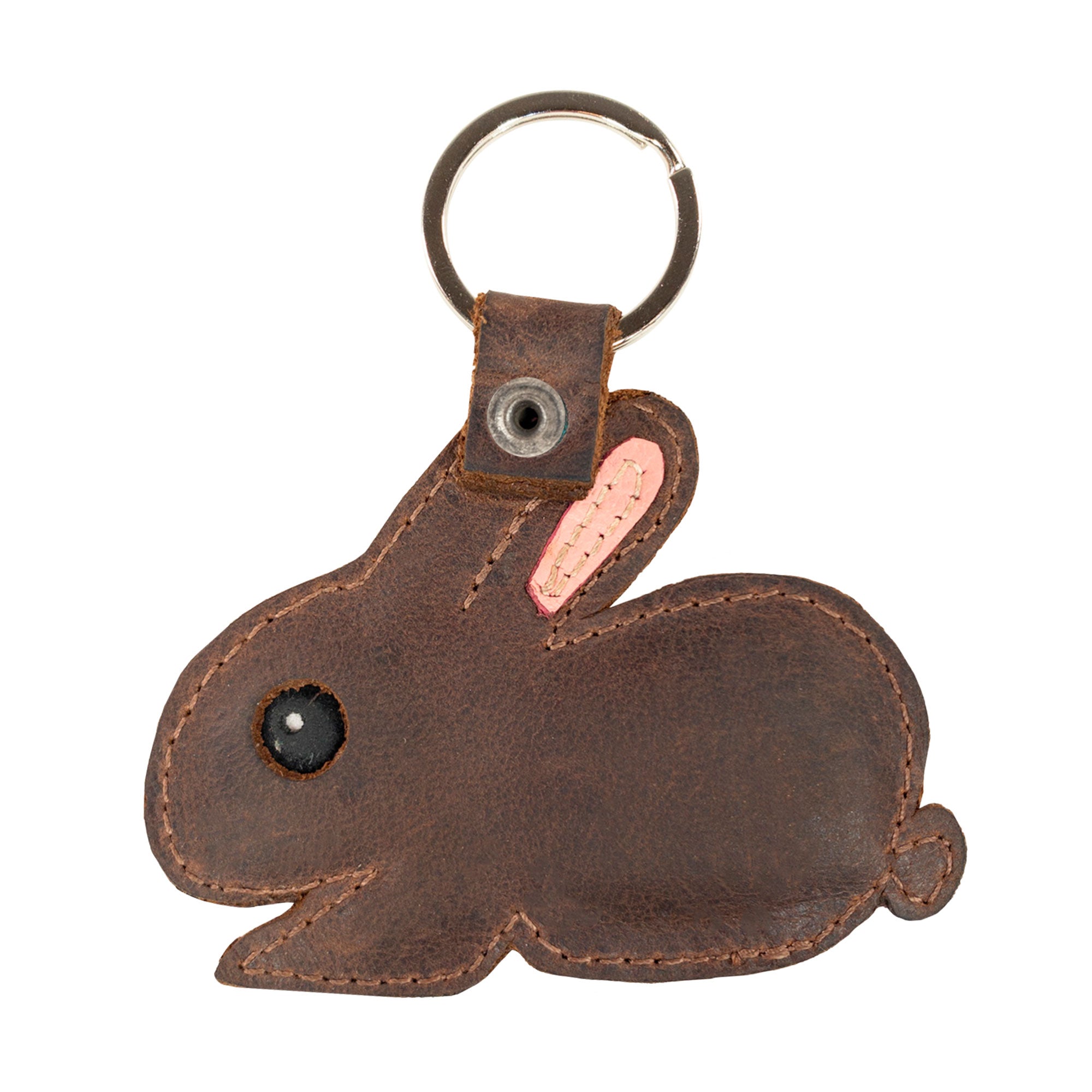 Back view of the bunny Critter Key Chain from Hide & Drink, showcasing its premium materials and design. This stylish Animal Key Ring Holder is perfect for a whimsical touch on any set of keys. Handmade in La Antigua Guatemala & Oaxaca Mexico.