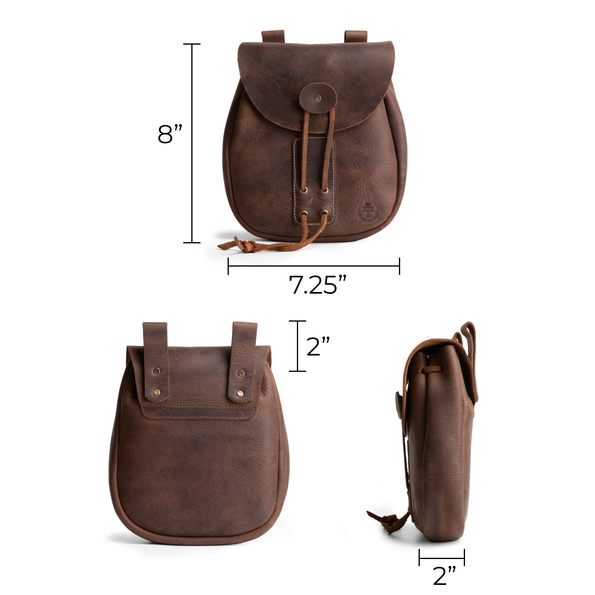 Dimensions of the Valhalla Gear Bushcraft Bag displayed, highlighting its compact and portable safe pouch design. Made from full grain leather, it's perfect for securing money and valuables on outdoor adventures.