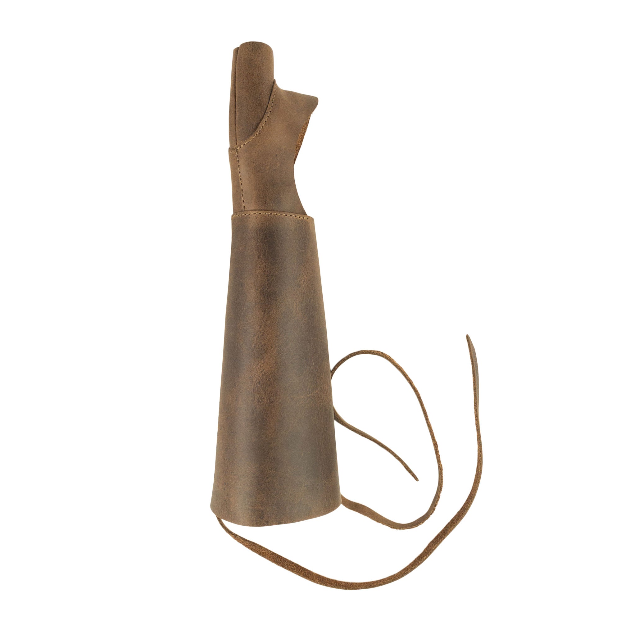 Another angle of the Archery Forearm Protector by Valhalla Gear, highlighting its minimalist design and quality full grain leather. This arm guard is suitable for bow shooting practice, training, and cosplay, stemming from unique small batch production and artisan handmade efforts in La Antigua Guatemala & Oaxaca Mexico.