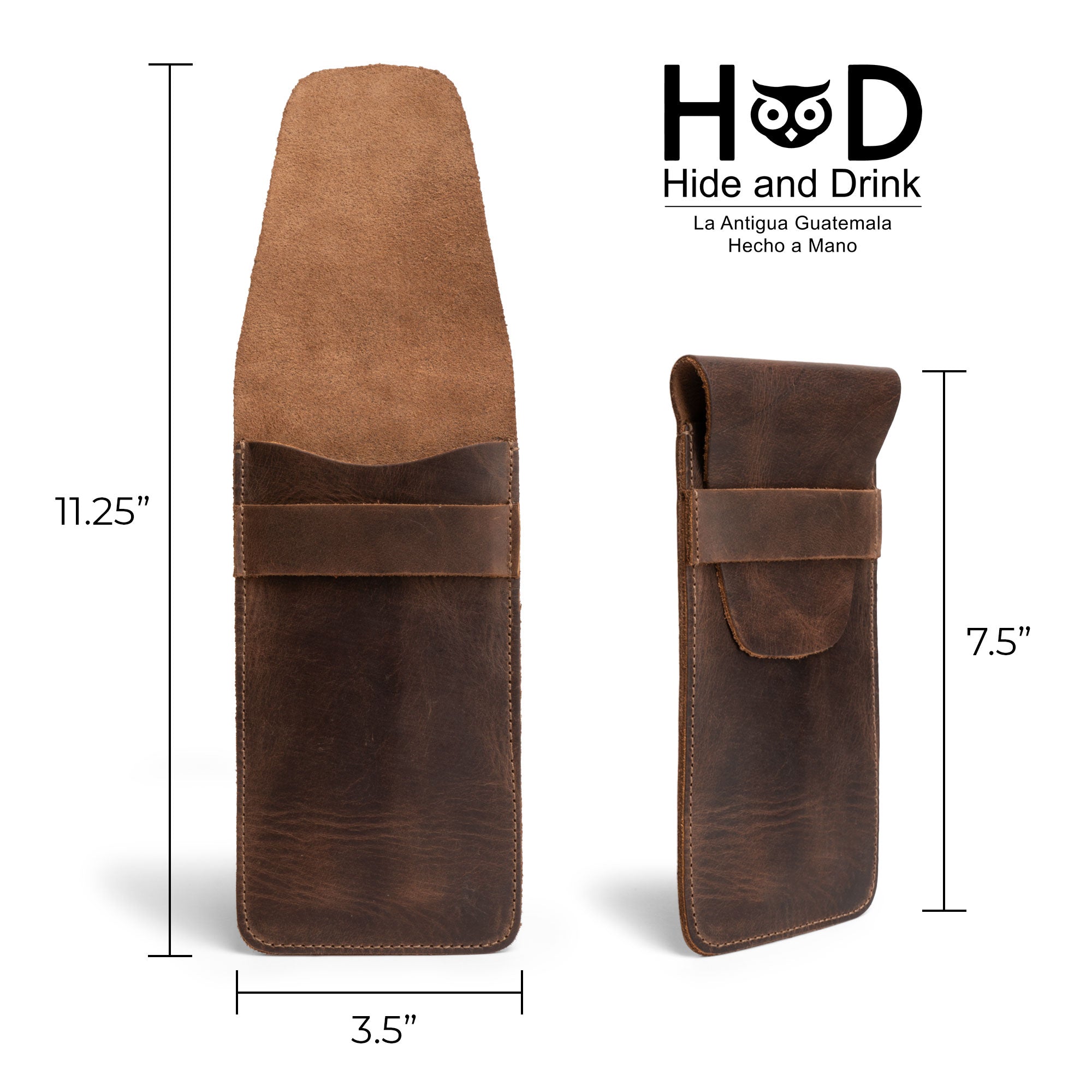 Hide & Drink Cigar Holder dimensions displayed, the slim cigar case for three 50 ring cigars is shown with measurements. This classic, all-purpose holder is crafted from full grain leather, handmade in La Antigua Guatemala with a focus on small batch production. Each piece is artisan, hand cut, and fire branded for quality.