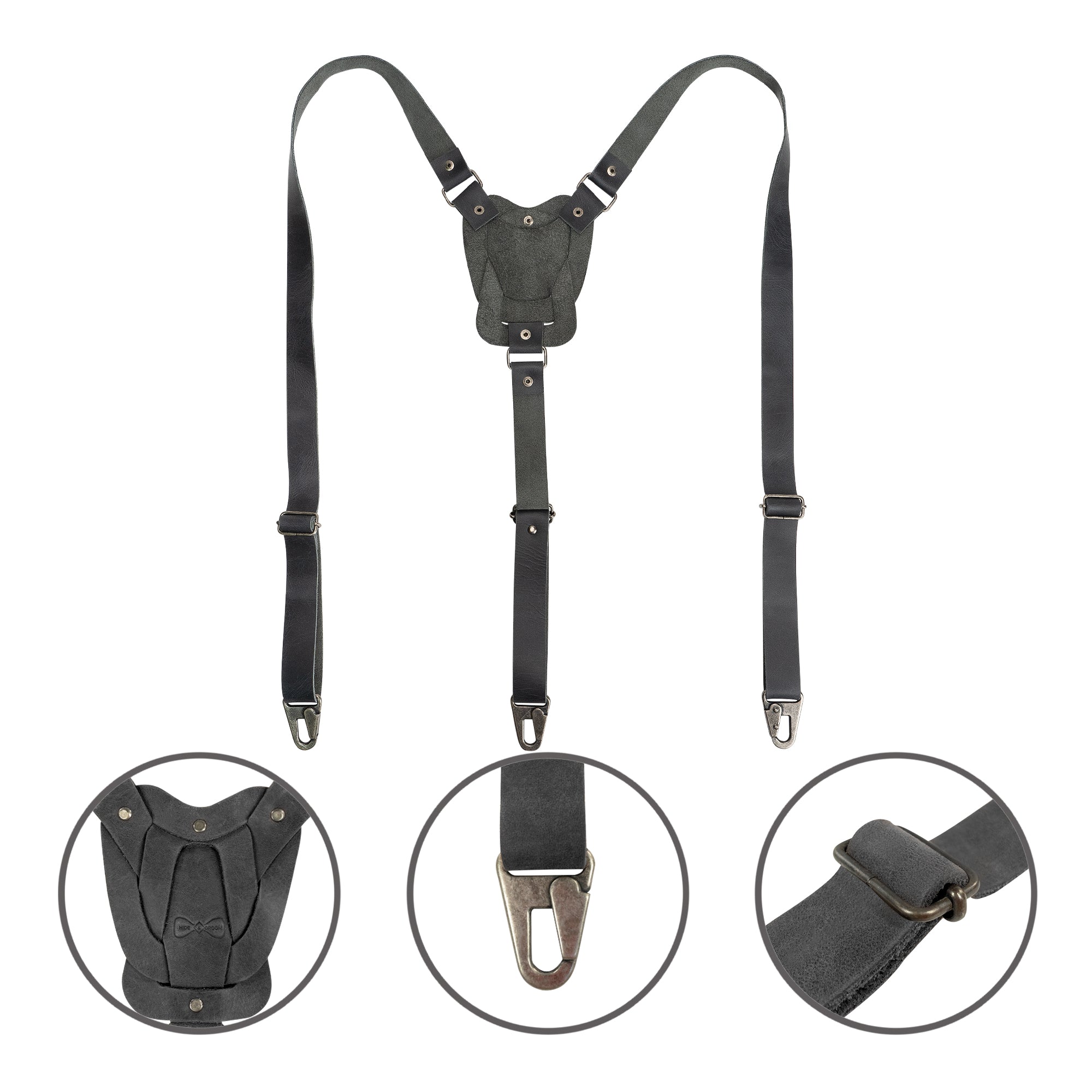 Detailed view of green Rustic Suspenders with Adjustable Size Straps for Men by Hide & Groom, crafted from high-quality Full Grain Leather. These artisan suspenders are perfect for weddings and Steampunk styles, reflecting handmade poetry in their design.