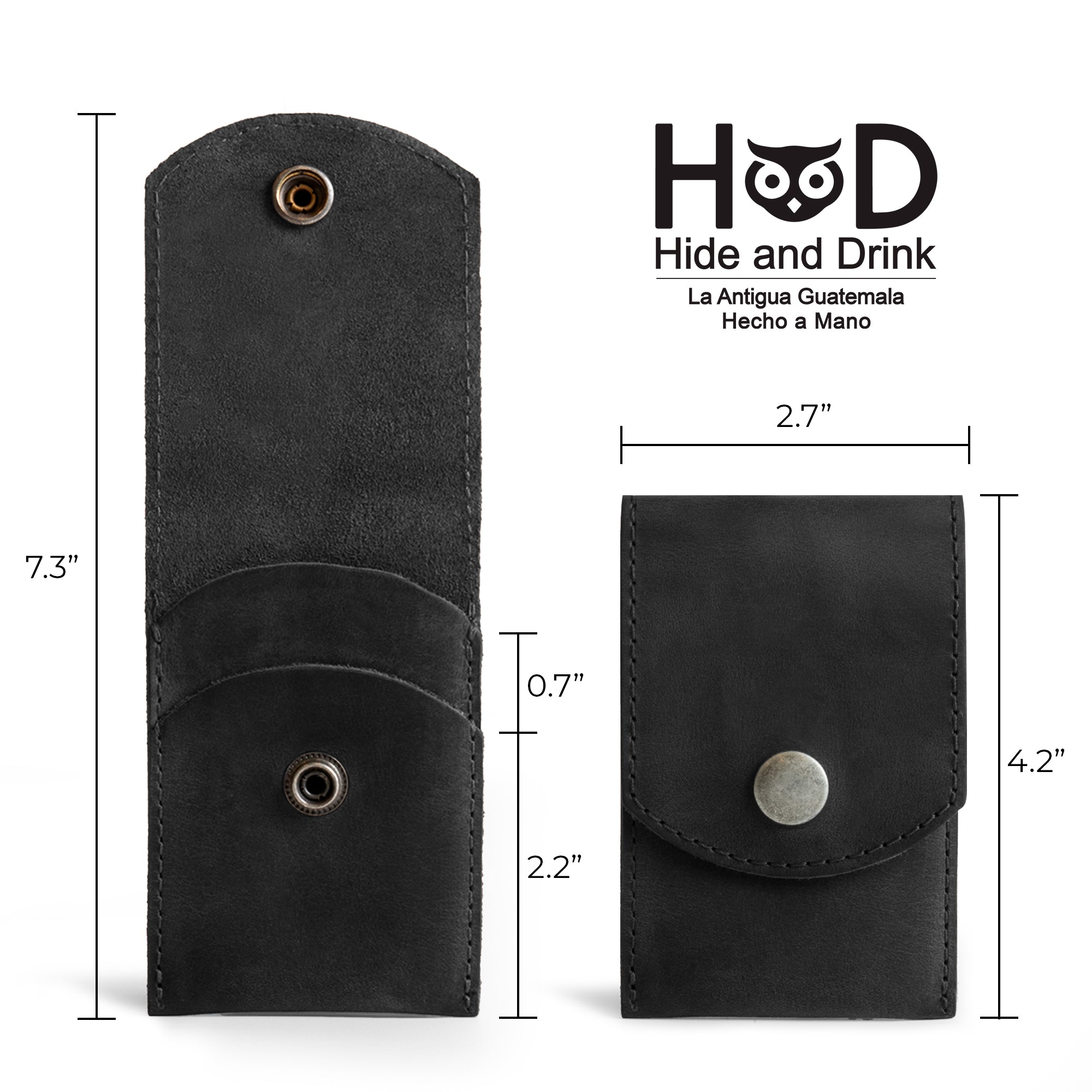 Dimensions of the black Hide & Drink Nail Clipper Case shown, illustrating its practical size for travel. This full grain leather case is a perfect travel accessory, handmade with artisan quality through small batch production, hand cut, hand sewn, and fire branded, made in La Antigua Guatemala & Oaxaca Mexico.