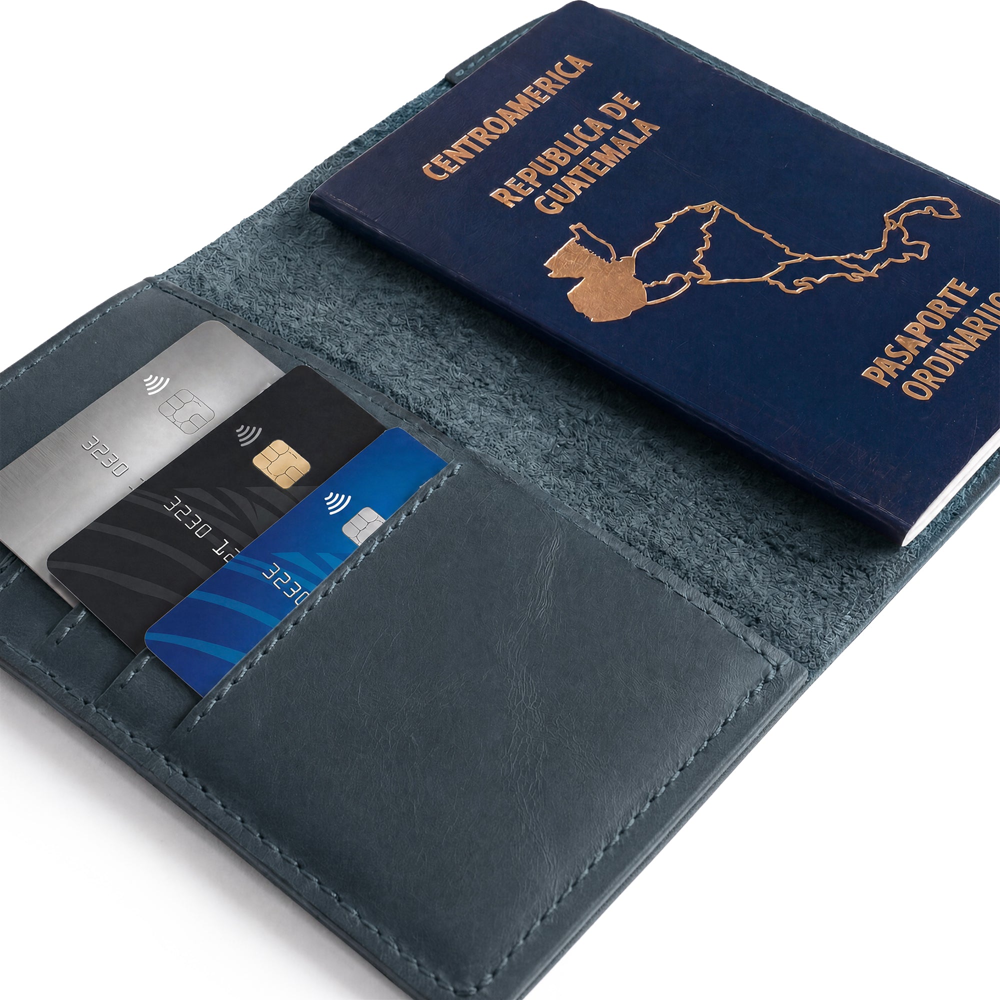 Sleek profile of the Hide & Drink Travel Wallet, showcasing its simple elegance. This travel wallet is made as a bifold passport case, carefully handcrafted from premium leather in La Antigua Guatemala.