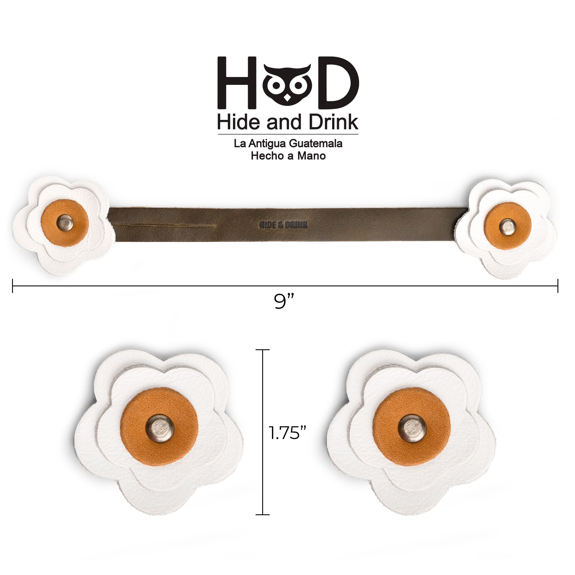 The dimensions of the white Rose Bag Ornament by Hide & Drink show its Flower-Shaped design made from Full Grain Leather, making it a one-of-a-kind cute charm for totes and bags.