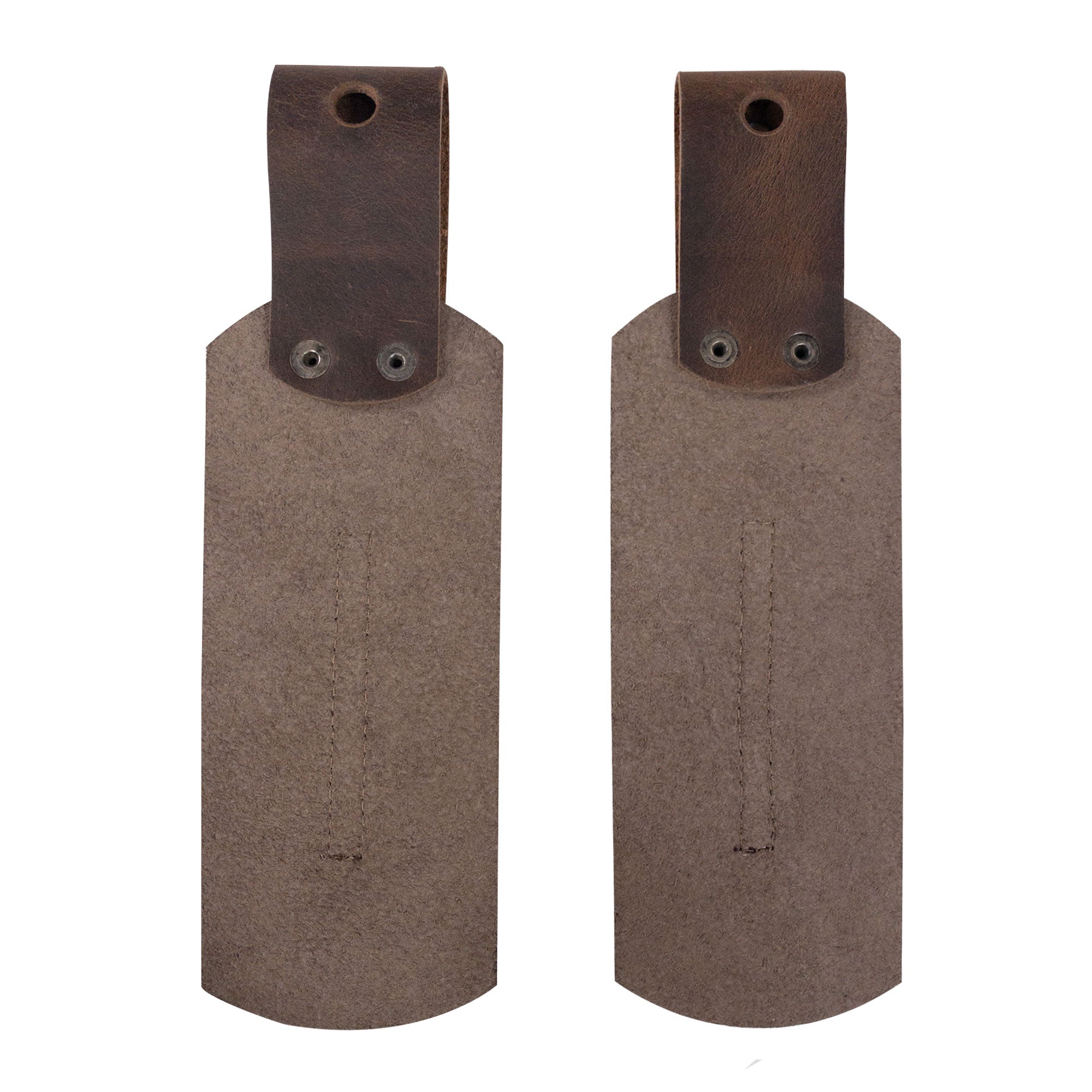 A backside view of the Set of 2 Drum Stick Sleeves by tocame, revealing the sturdy construction and quality materials. These hanging sleeves are made from soft full grain leather, representing small batch production and artisan craftsmanship, perfect for musicians seeking reliable drum stick holders.