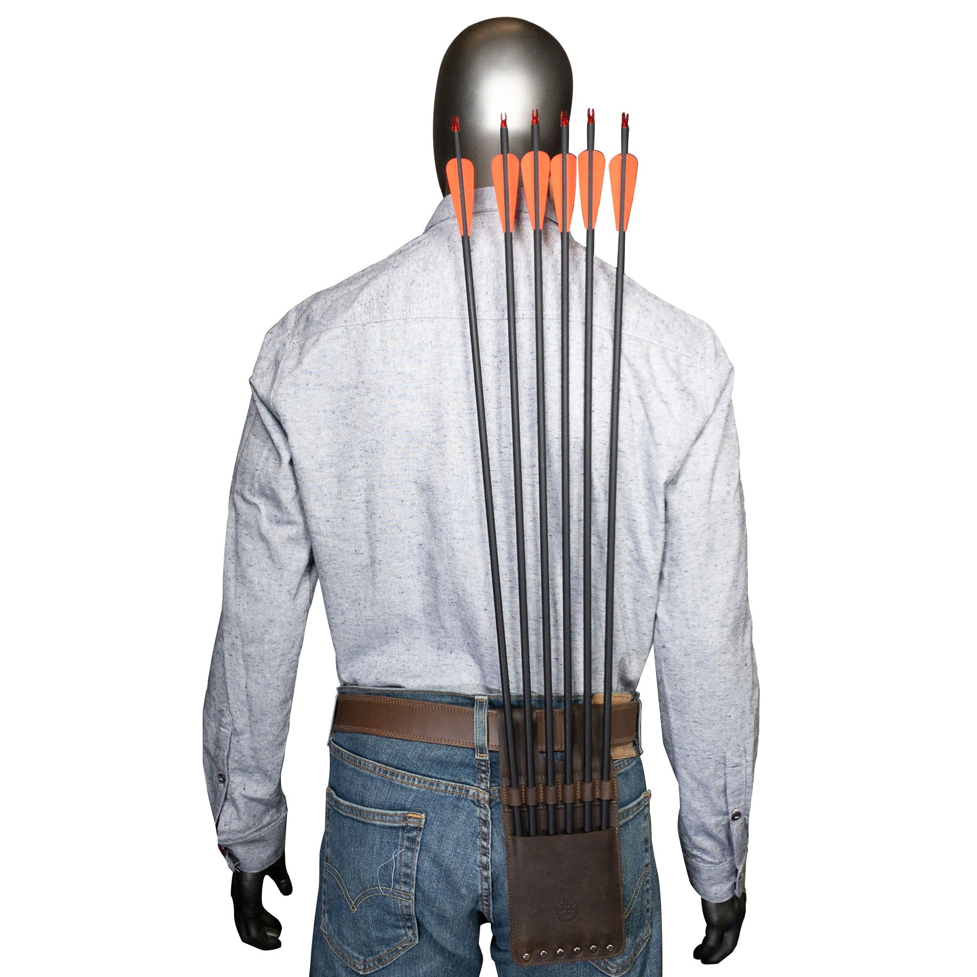 Model wearing the 6 Arrow Back Quiver for Pocket by Valhalla Gear, demonstrating its practical use. Made from Full Grain Leather, this artisan quiver features small batch production with hand cut and hand sewn techniques, designed for comfort and style on the go.