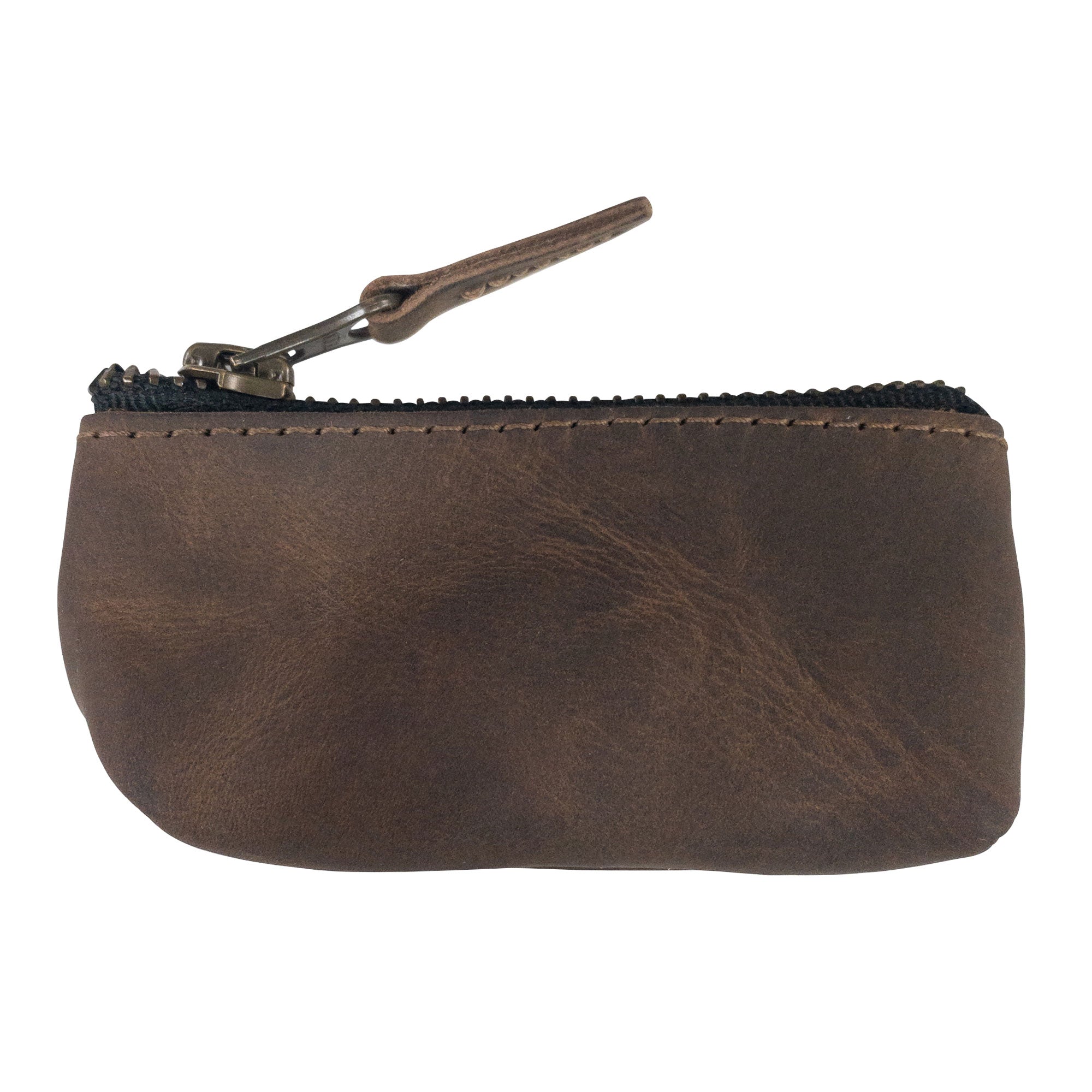 Hide & Drink Key Holder Zippered Pouch highlighting its sleek design in full grain leather. A multifunctional pouch suitable for coins, charging cables, or as a memory card organizer. Artisan-made in La Antigua Guatemala & Oaxaca Mexico.