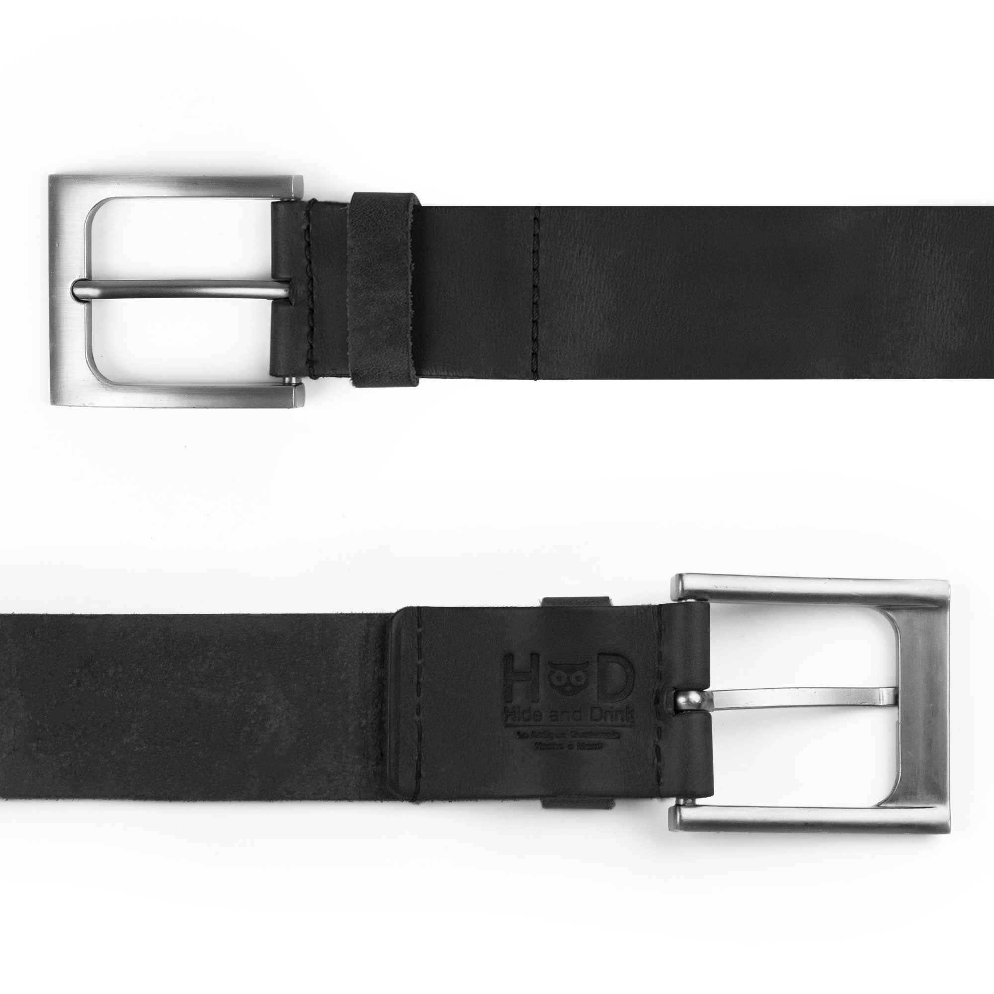 Rustic Leather Belt by Hide & Drink displayed with branding and artisan tags, made of thick full grain leather incorporating small batch production, hand cut, and hand sewn artistry, highlighting craftsmanship from La Antigua Guatemala.