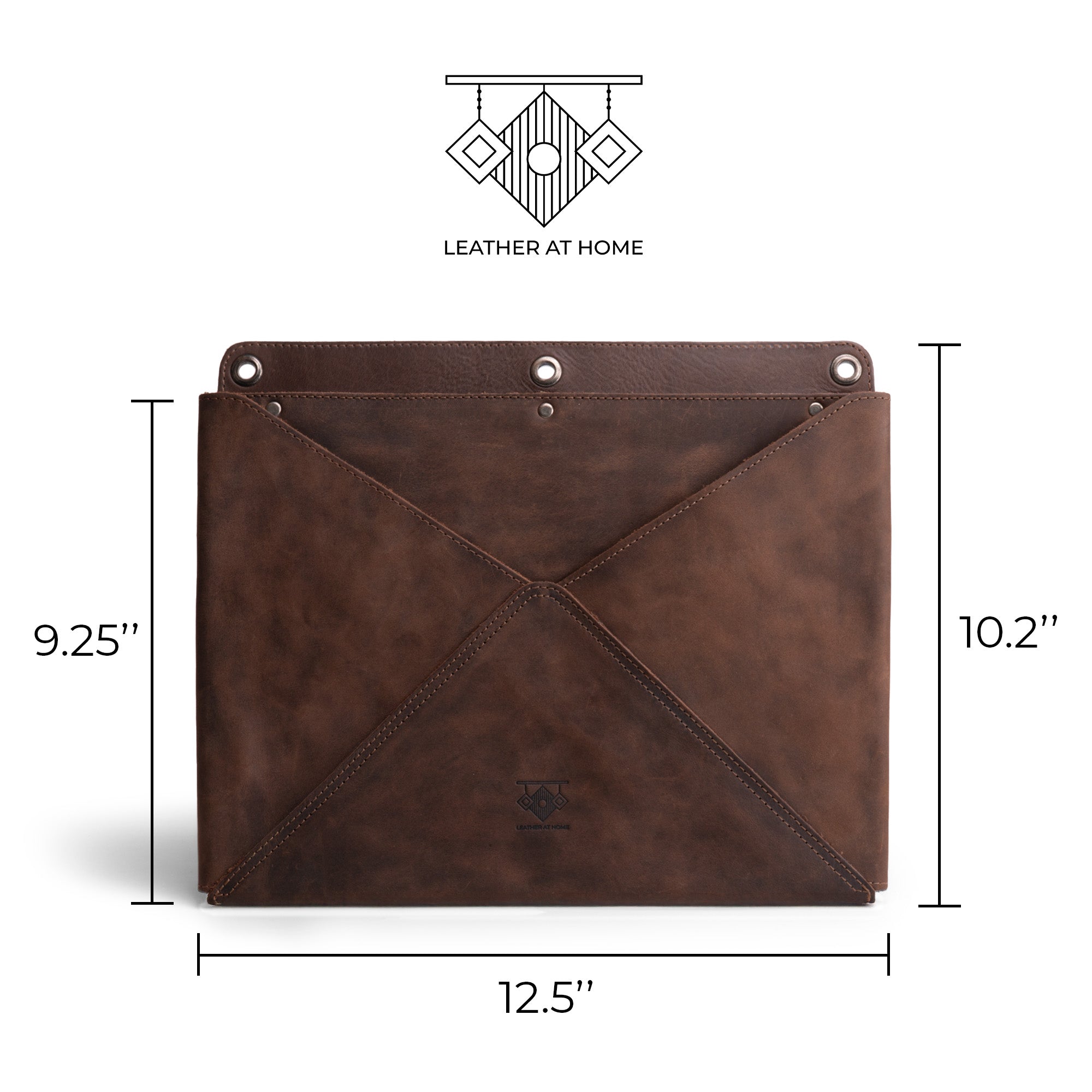Dimensions of the Wall File Organizer by Leather At Home highlighted on this image, showcasing its usability as an Office Wall Mounted File Organizer. Made from full grain leather, this Wall File Organizer combines functionality with style, ideal for any organized workspace. Expertly handcrafted in La Antigua Guatemala & Oaxaca Mexico.