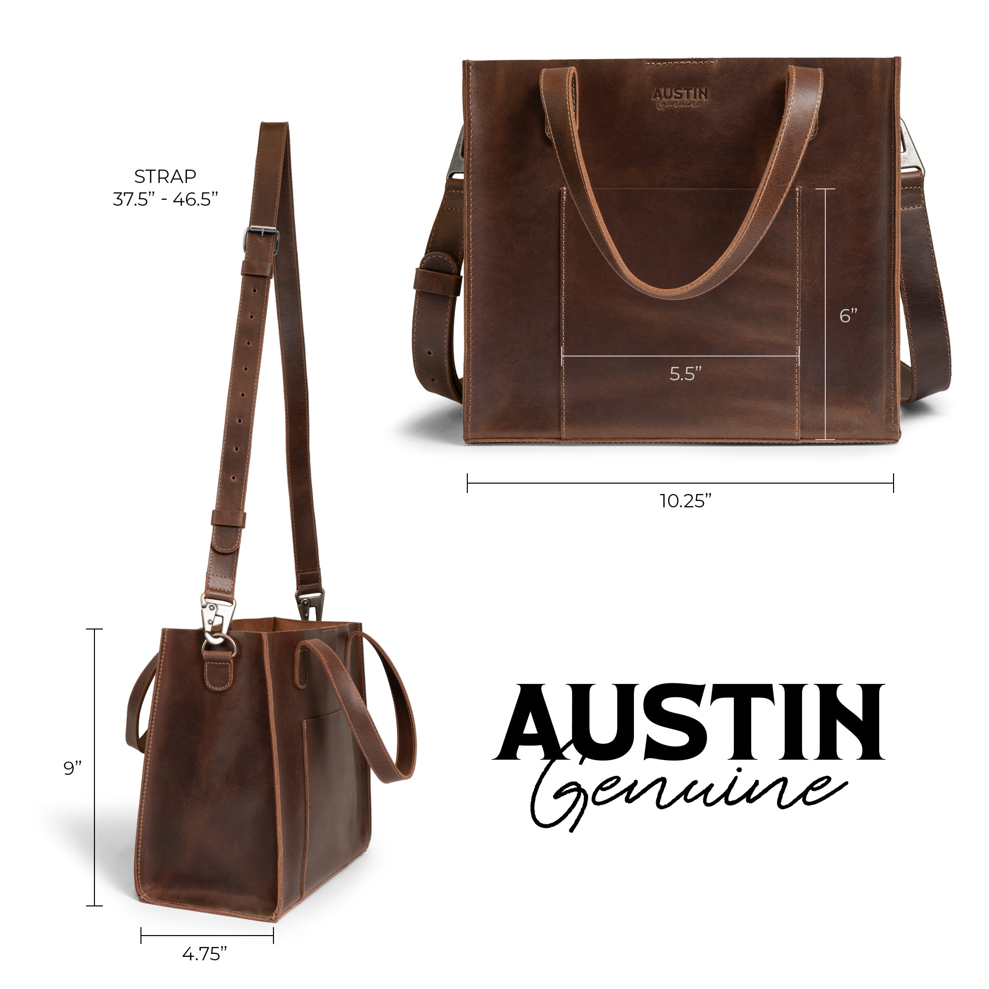 Dimensions of The Springdale Crossbody Tote by Austin Genuine, highlighting its full grain leather design. This artisanal bag features small batch production from La Antigua Guatemala & Oaxaca Mexico, embodying quality and unique craftsmanship.