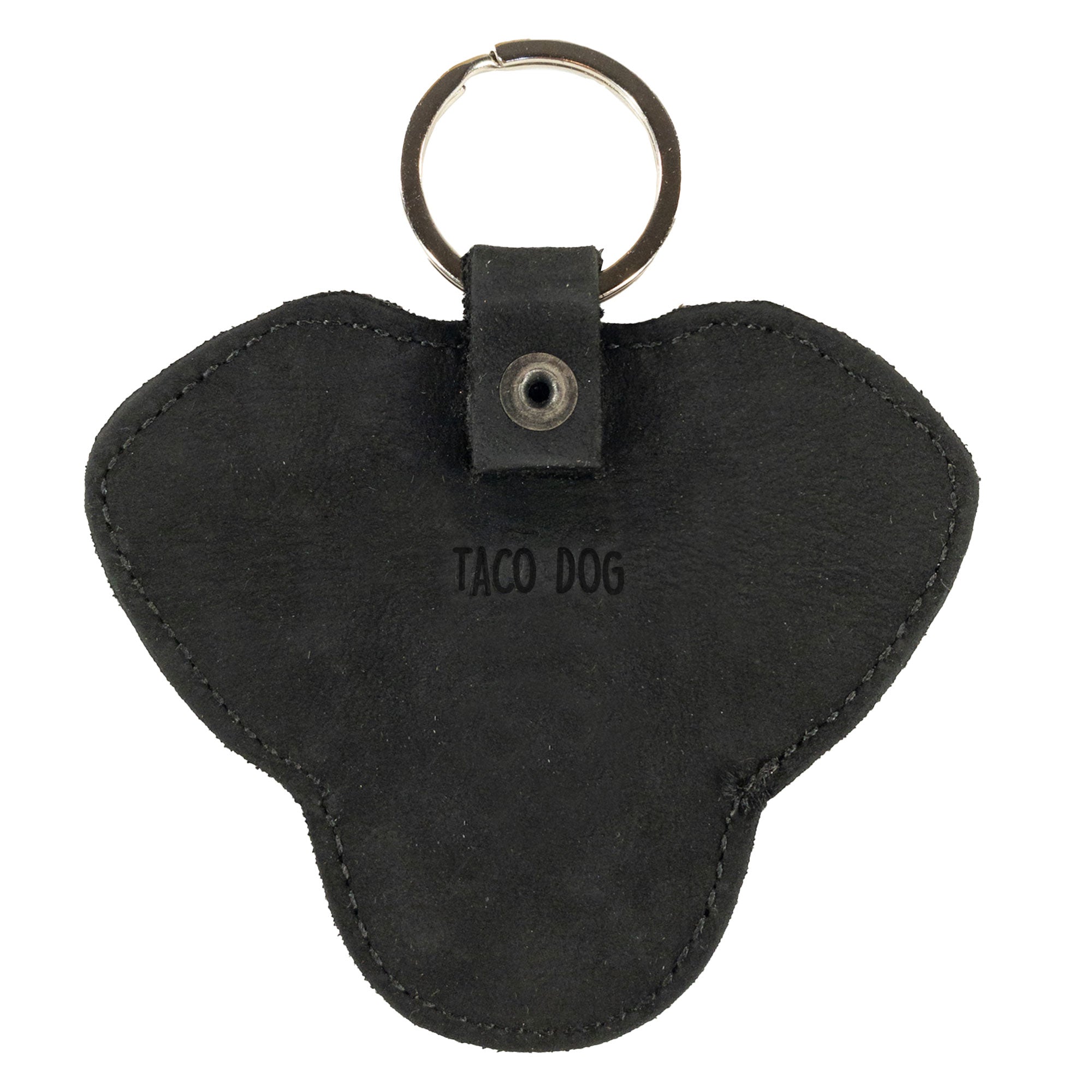 Back view of the black Labrador Dog Critter Keychain by Taco Dog featuring the unique fire branded logo. This artisan-crafted keychain is made from durable Full Grain Leather, showcasing hand cut and hand sewn craftsmanship in small batch production.