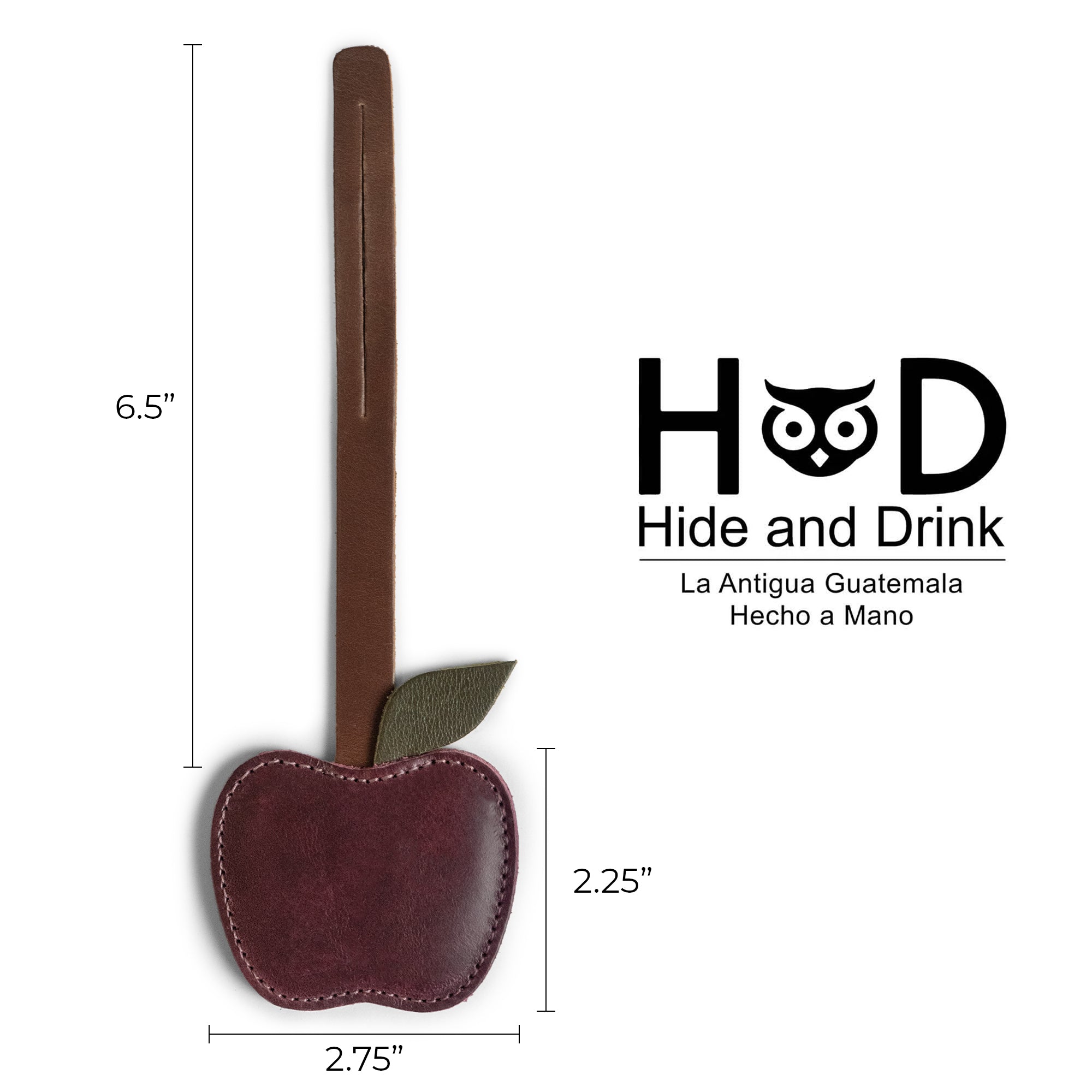 Dimensions of the Hide & Drink Apple Bag Charm displayed with a sizing guide, emphasizing its handcrafted quality. This full grain leather apple charm is ideal for elevating handbags, purses, and backpacks, proudly made in La Antigua Guatemala and Oaxaca Mexico.