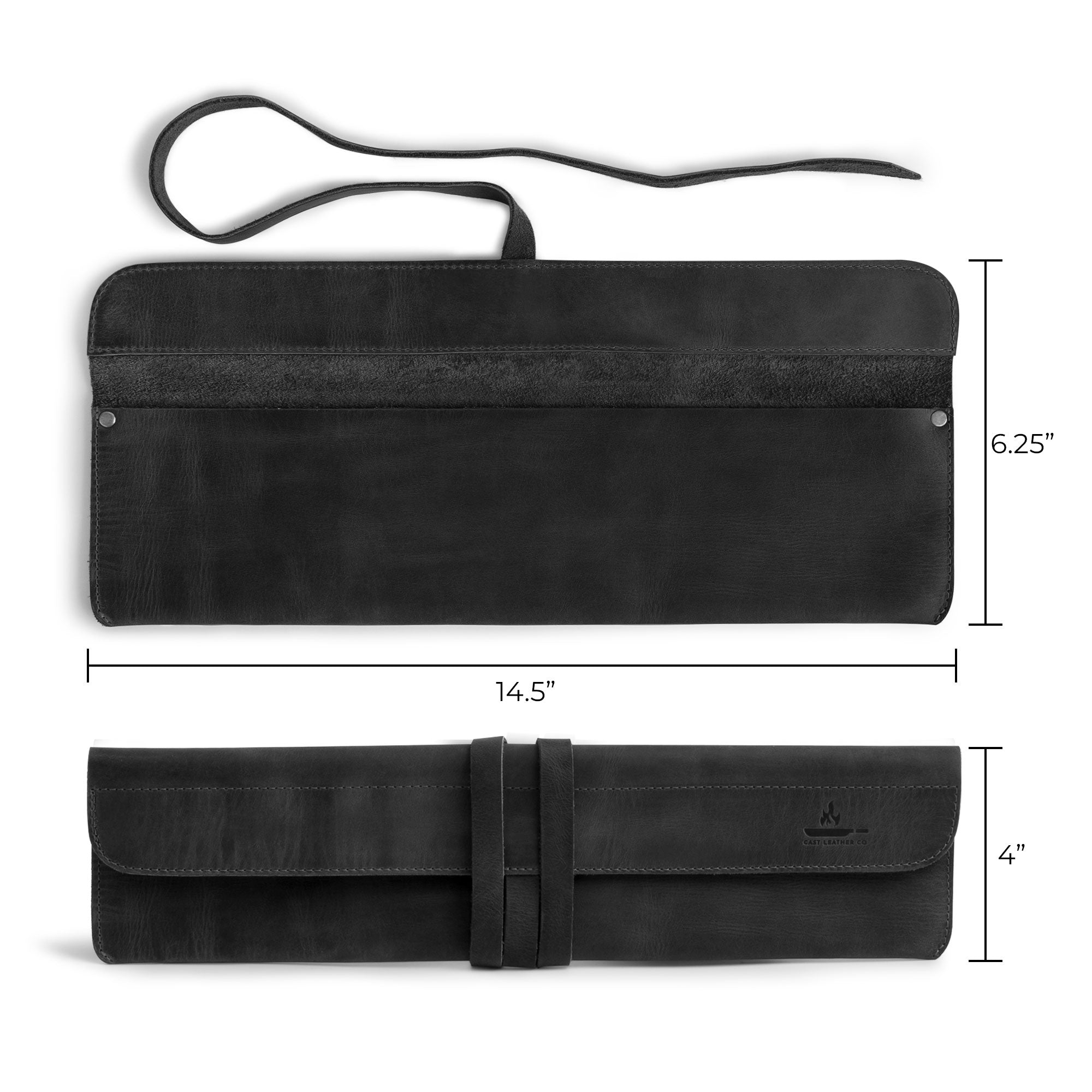 Product dimensions of Cast Leather Co. Single Leather Knife Case in black, clearly illustrating its functionality. As a valuable butcher rolls carrier, it combines artisan design with practicality, making it perfect for professional chefs and culinary students. Handcrafted from top-quality leather in La Antigua Guatemala.