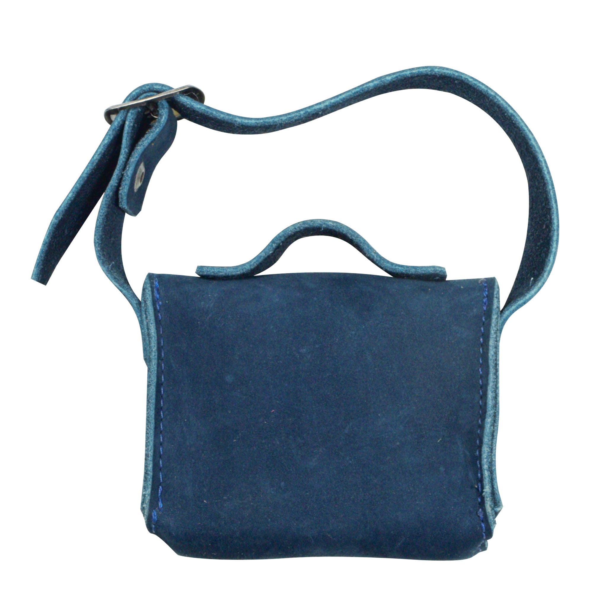 Back of the navy Tiny Messenger Bag by Hide & Drink, emphasizing its stylish craftsmanship with Full Grain Leather. This Mini Messenger Bag Charm is ideal for keychain use or for enhancing your handbag, reflecting artisan production in La Antigua Guatemala.