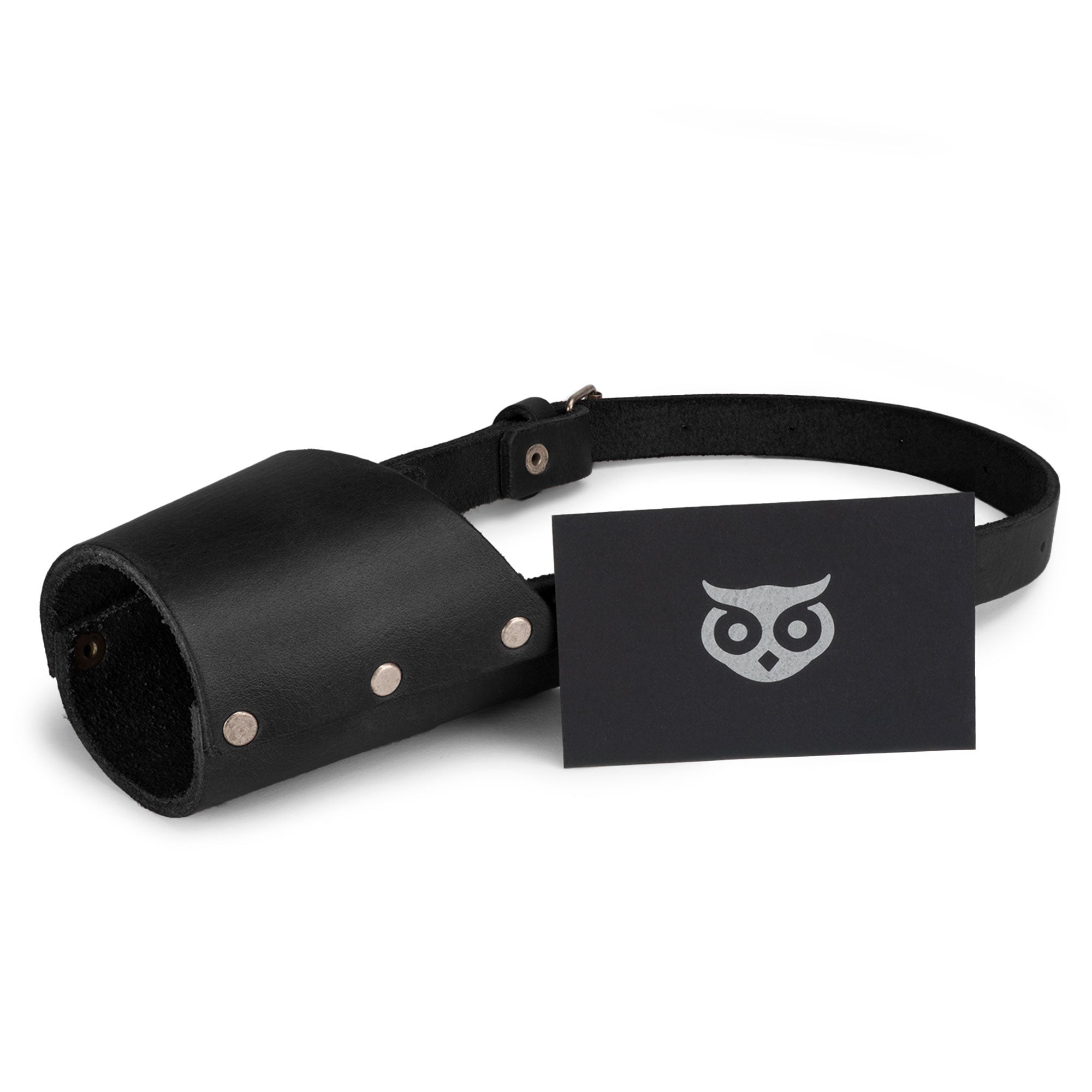 Alternate view of the Riveted Dog Muzzle by Hide & Drink, showcasing its practical design features ideal for preventing unwanted behavior in dogs. This artisan-crafted full grain leather muzzle guard is perfect for breeds like Pitbulls and German Shepherds, handmade in La Antigua Guatemala & Oaxaca Mexico.
