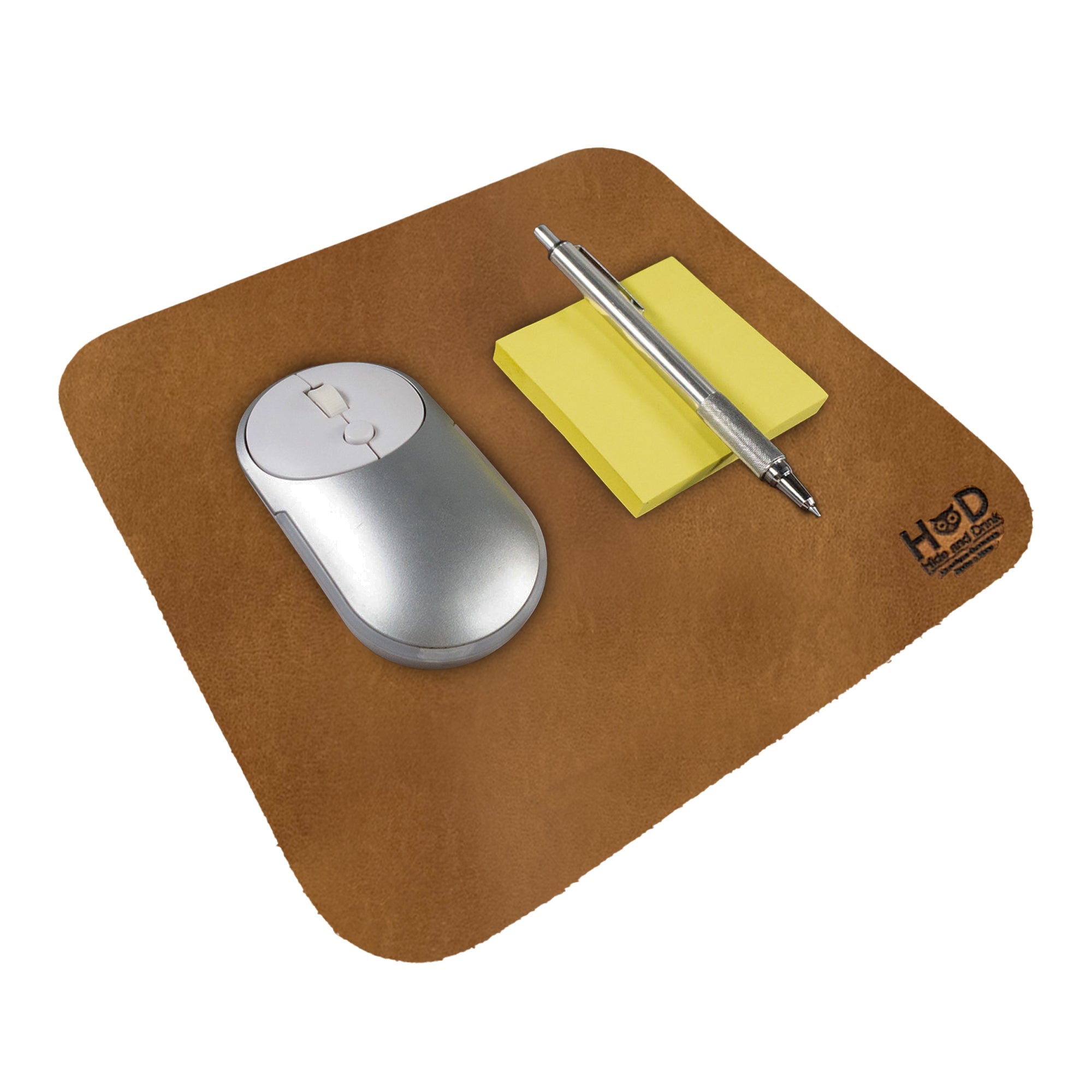 Hide & Drink Mousepad in a chic orange finish, perfect for modern work setups. This genuine leather mousepad offers an ergonomic design and is handmade in La Antigua Guatemala & Oaxaca Mexico.