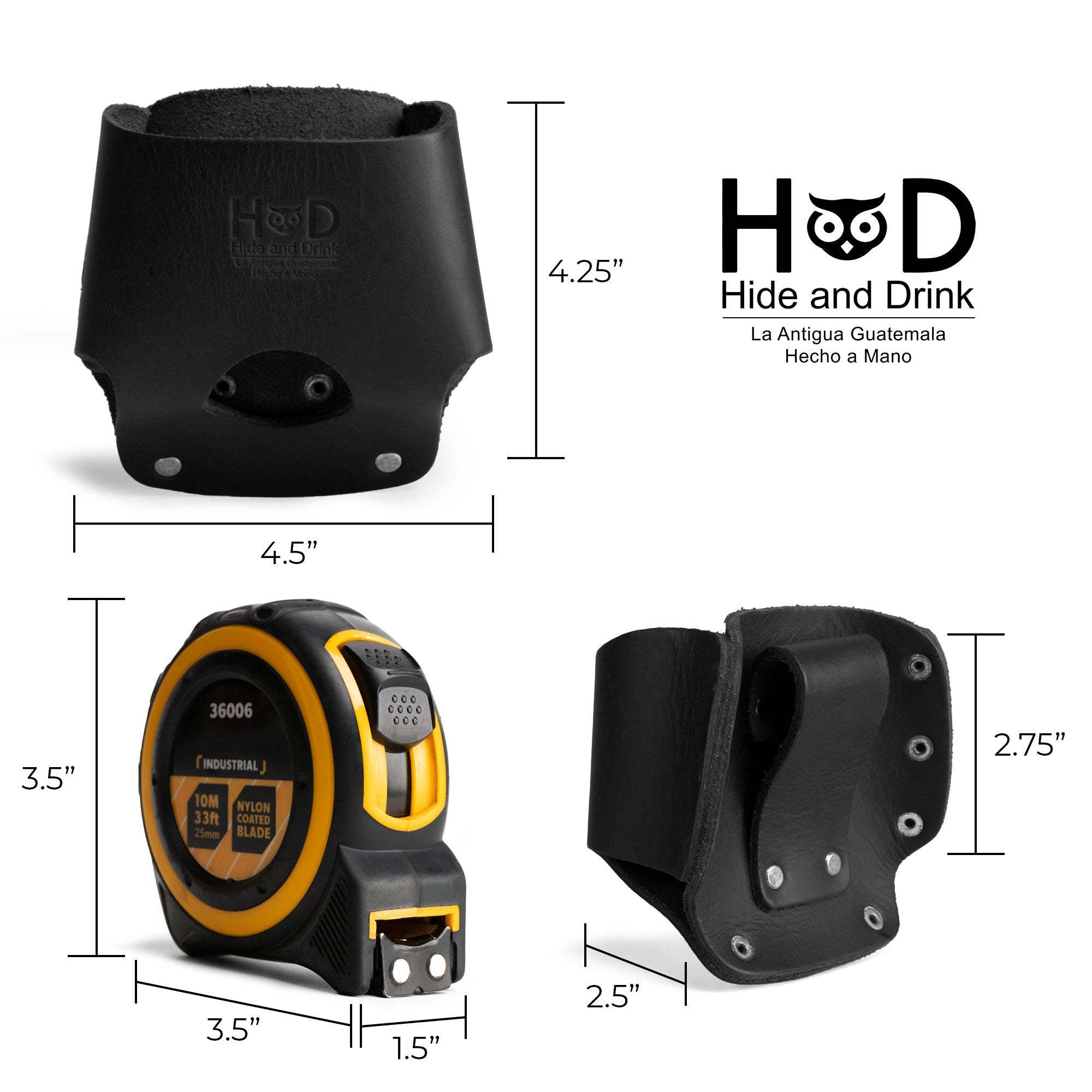 Hide & Drink's red Large Tape Holster displayed with branding, emphasizing its quality craftsmanship. A great solution for electricians needing a durable tool holster.