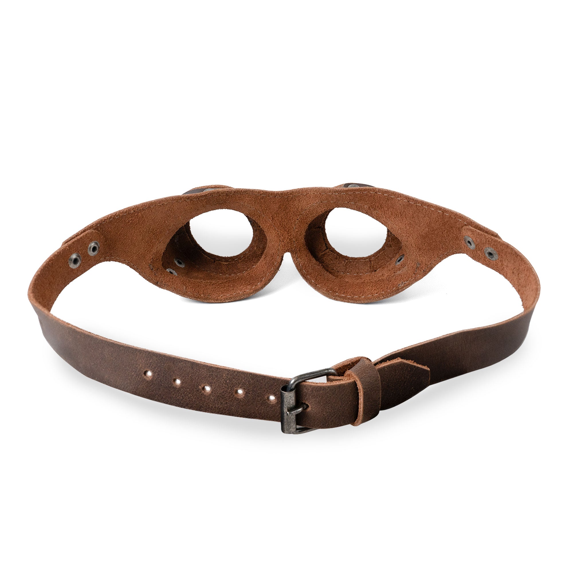 Back view of the Steampunk Style Goggles by Hide & Play, demonstrating the adjustable strap and leather craftsmanship. These retro cosplay props are an essential accessory for creative costumes, ensuring a comfortable fit. Handcrafted from full grain leather in La Antigua Guatemala & Oaxaca Mexico.