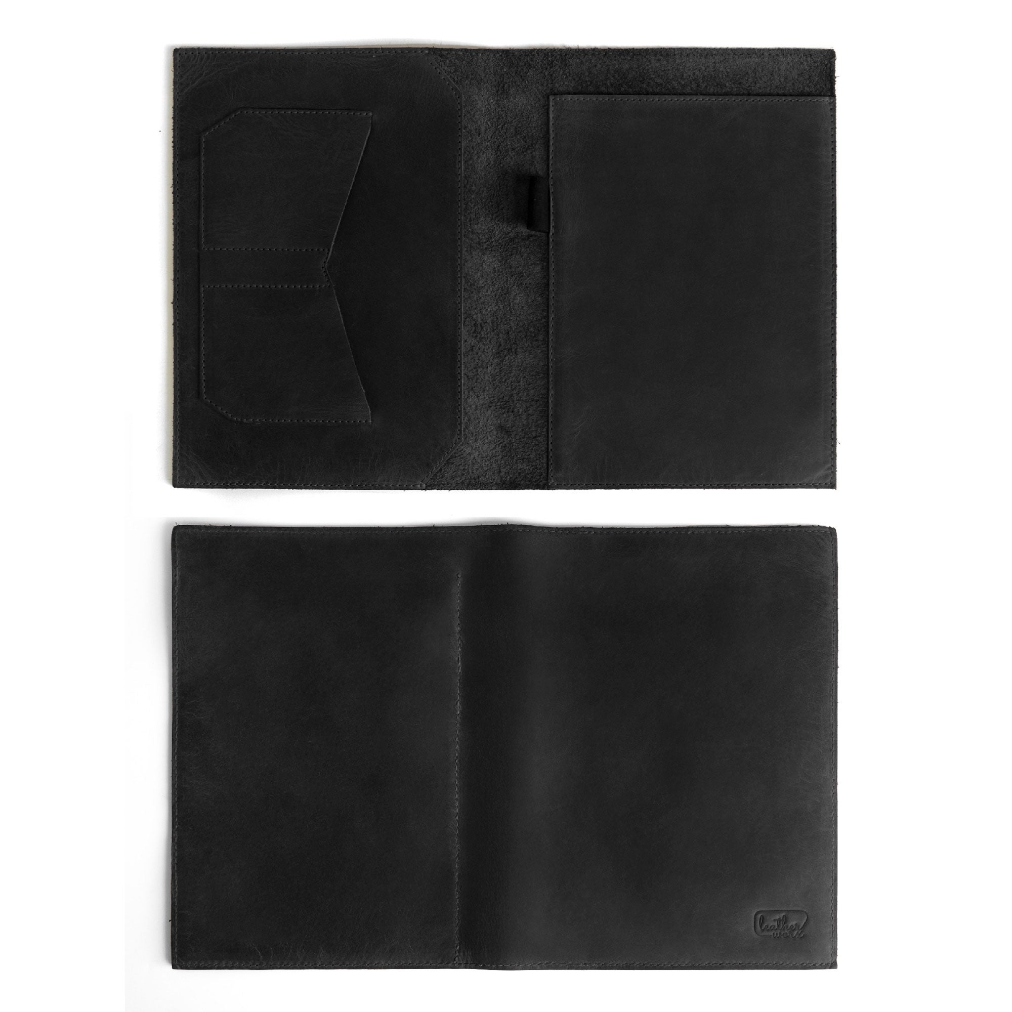 Black Leather Worx Notepad Case 5 x 8 In. interior with document and card pockets, showcasing artisan stitching and quality. Notepad Cover (5 x 8 In. Notepad Not Included) Sturdy, Durable Material Perfect for Storing Journal, Full Grain Leather, StockyardX, Small Batch Production, Hand Cut, Hand Sewn, Fire Branded, Artisan, Handmade in La Antigua Guatemala & Oaxaca Mexico.
