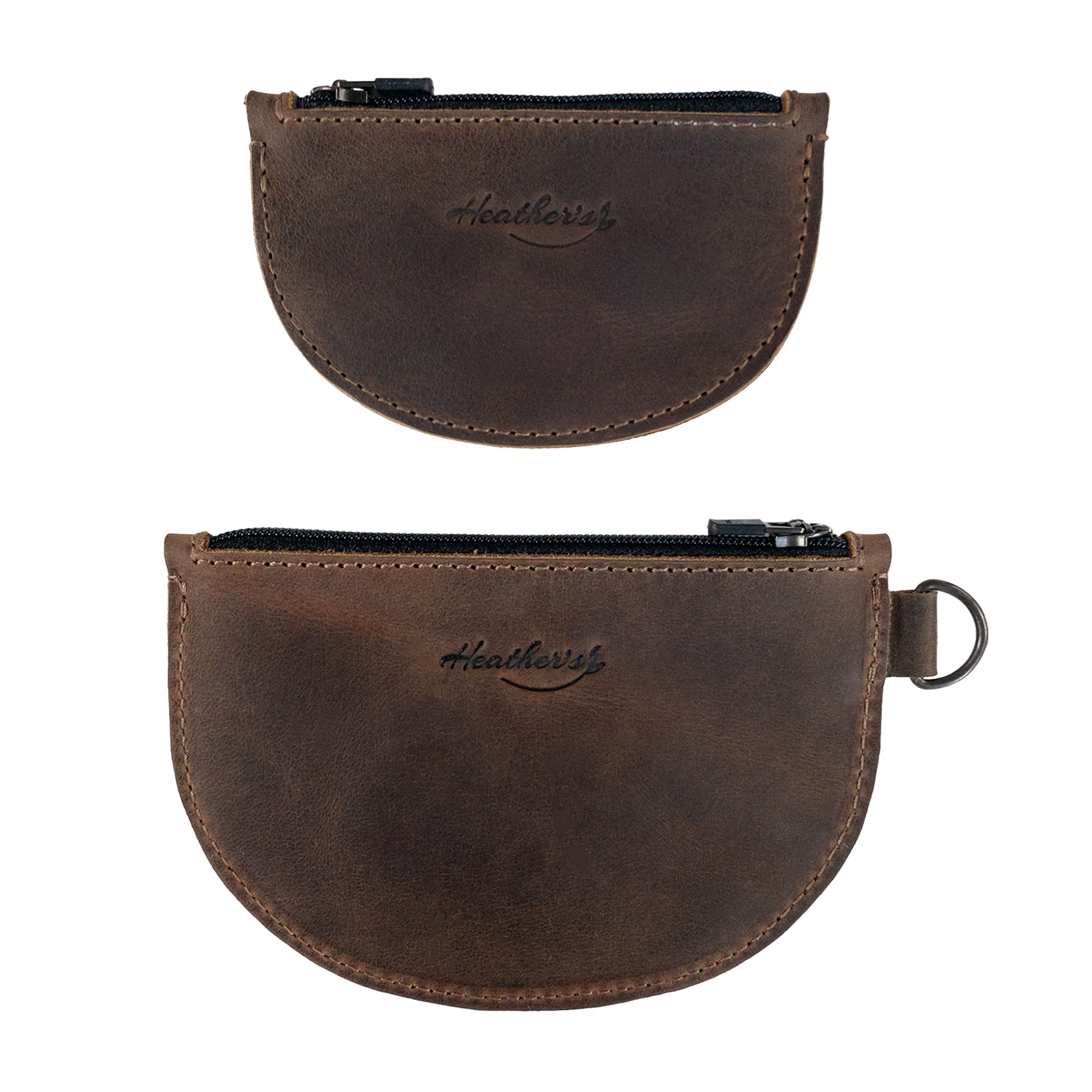 Heather's Semi-Circular Double Wallet shown in two sizes, ideal for versatile use as a stylish coin pouch or money holder, made from durable Full Grain Leather. This artisan piece highlights the craftsmanship of hand cut and hand sewn techniques in La Antigua Guatemala & Oaxaca Mexico.