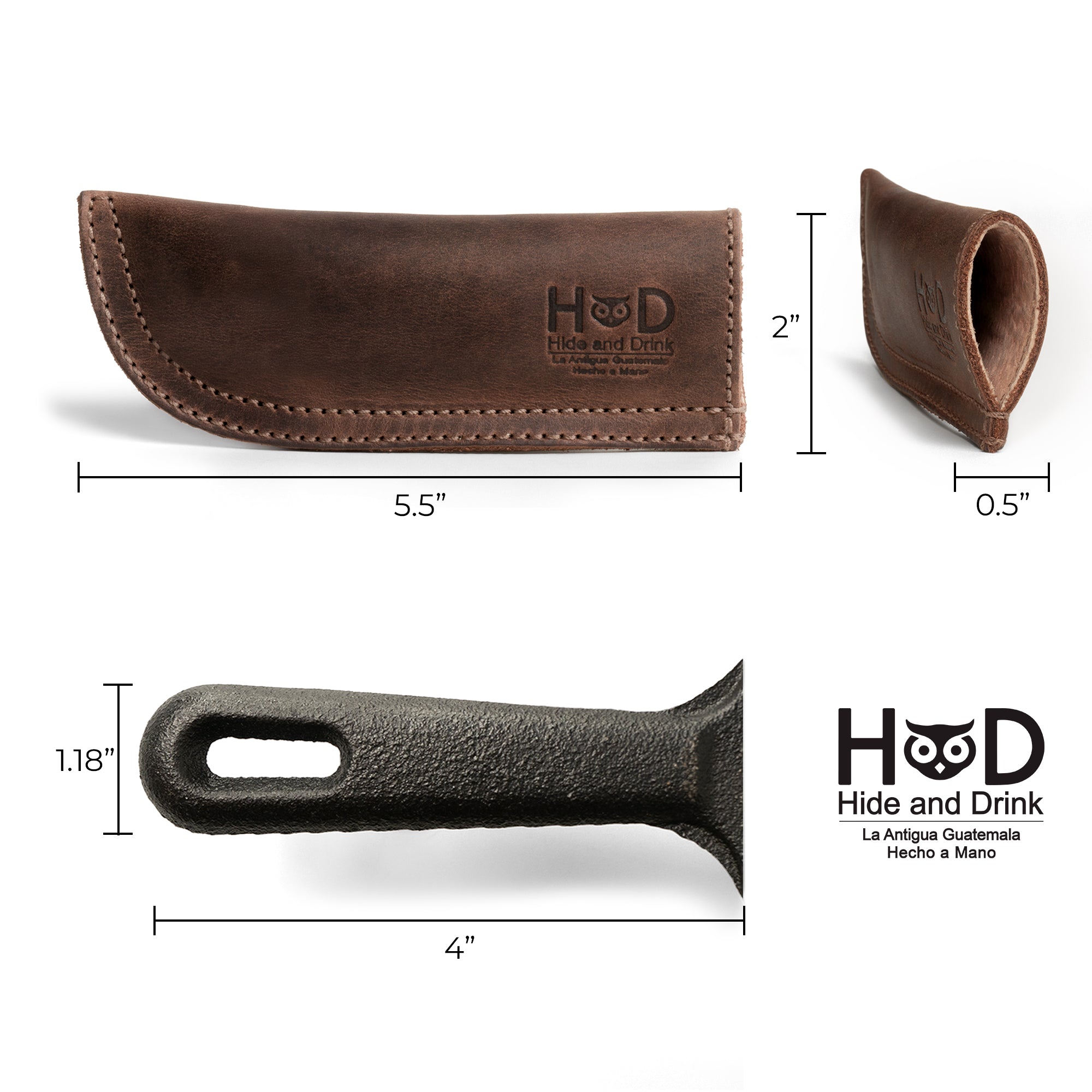 Hide & Drink Cast Iron Panhandle Cover presented artistically, showcasing its craftsmanship. This artisan hot handle protector is designed from durable full grain leather with double stitching for optimal strength. Handmade in La Antigua Guatemala & Oaxaca Mexico, it's a kitchen essential for any cooking enthusiast.