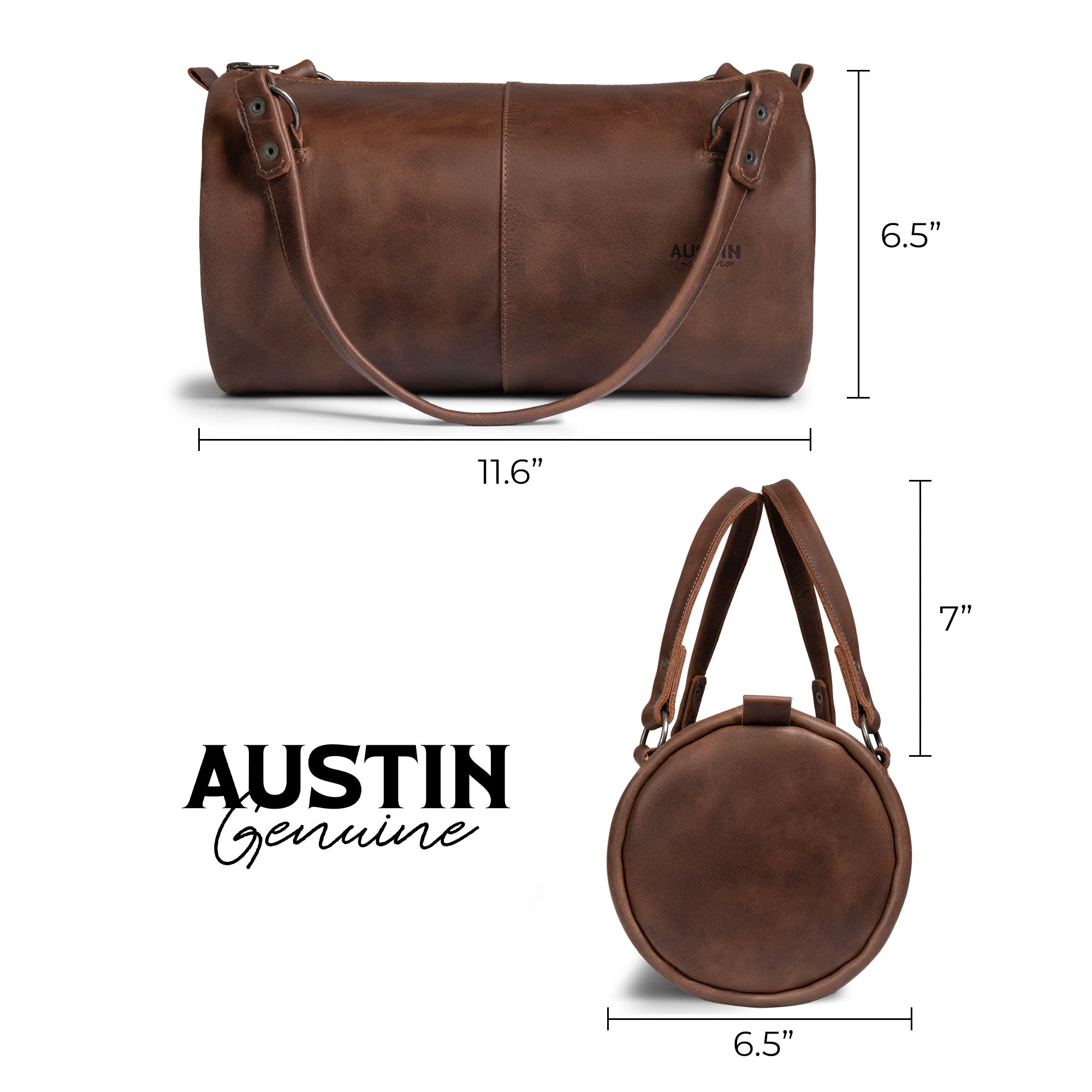 Dimensions of The Rosedale Mini Duffle Bag Handbag by Austin Genuine displayed with specific measurements showing its perfect size for daily use. Made from full grain leather with hand cut, hand sewn, and fire branded features, it embodies the charm of small batch production and artisan craftsmanship from La Antigua Guatemala & Oaxaca Mexico.