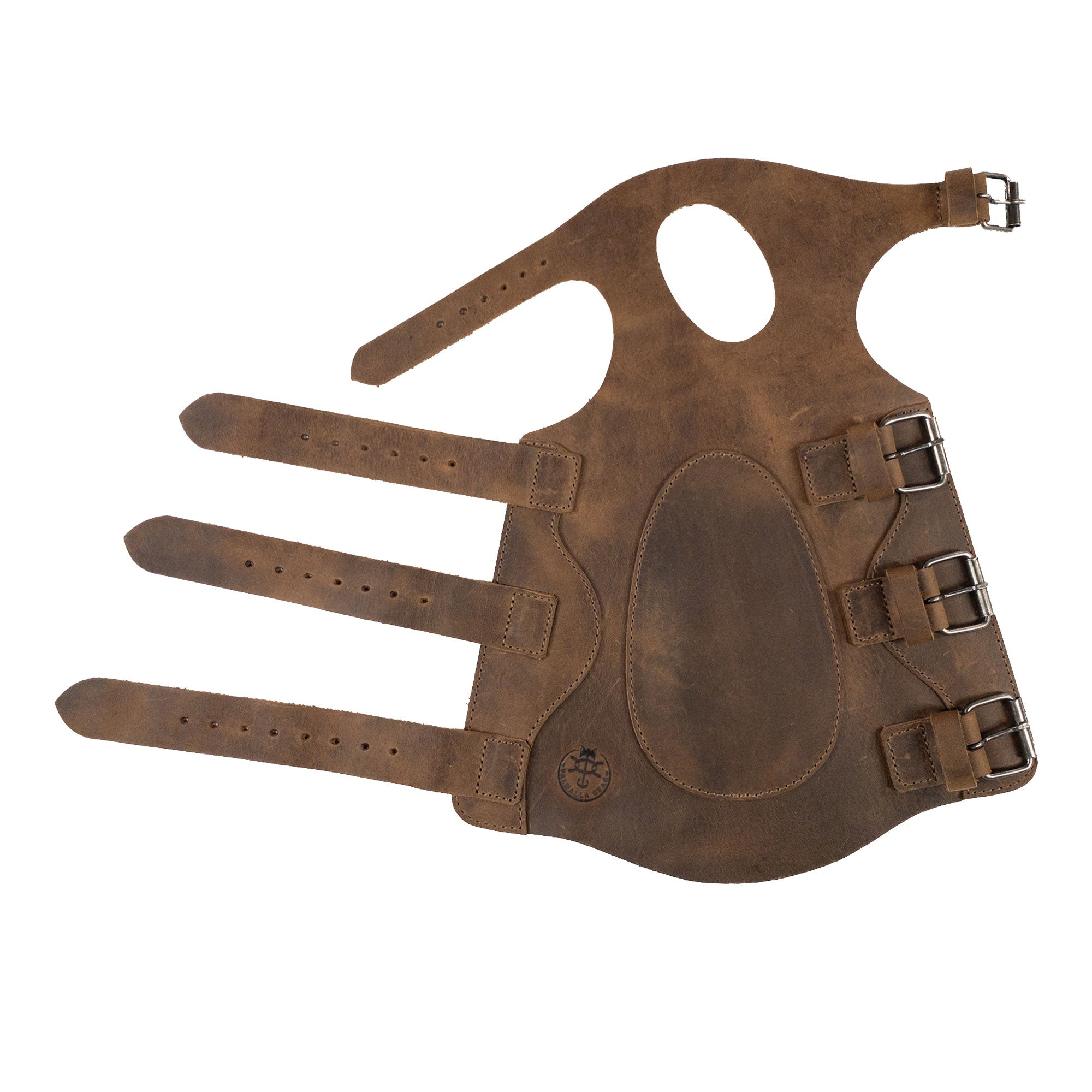 Display of the Archery Bracer with Thumb Slot by Valhalla Gear, featuring an open design for easy wear. This full grain leather forearm protector incorporates adjustable buckle straps, perfect for archery enthusiasts and costume parties. Handmade in Guatemala, this artisan piece showcases exceptional craftsmanship and attention to detail.