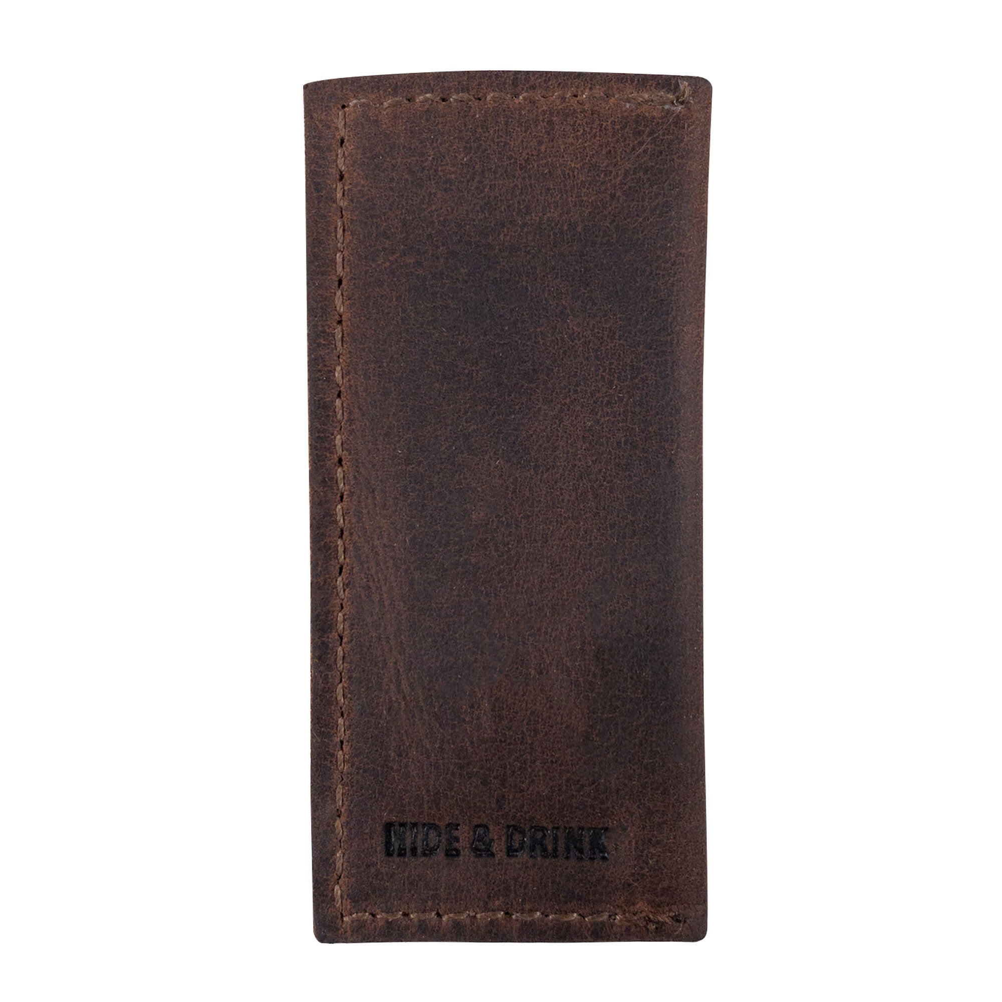 Hide & Drink Tooth Pick Case (4 Pack) displaying a leather case with branding on the surface. Set of 4 Tooth Pick Cases, Cooking Accessories, Full Grain Leather, StockyardX, Small Batch Production, Hand Cut, Hand Sewn, Fire Branded, Artisan, Handmade in La Antigua Guatemala & Oaxaca Mexico.