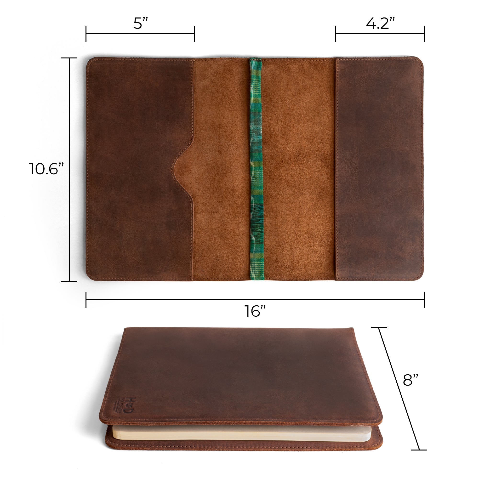 Dimension illustration of the Full Grain Leather Journal Cover for Moleskine Cahier XL (7.5 x 9.75 in.) by Hide & Drink. Highlighting its generous size and practical design, this notebook sleeve is perfect for writers and artists alike, celebrating its handmade roots and artisanship from Mexico.