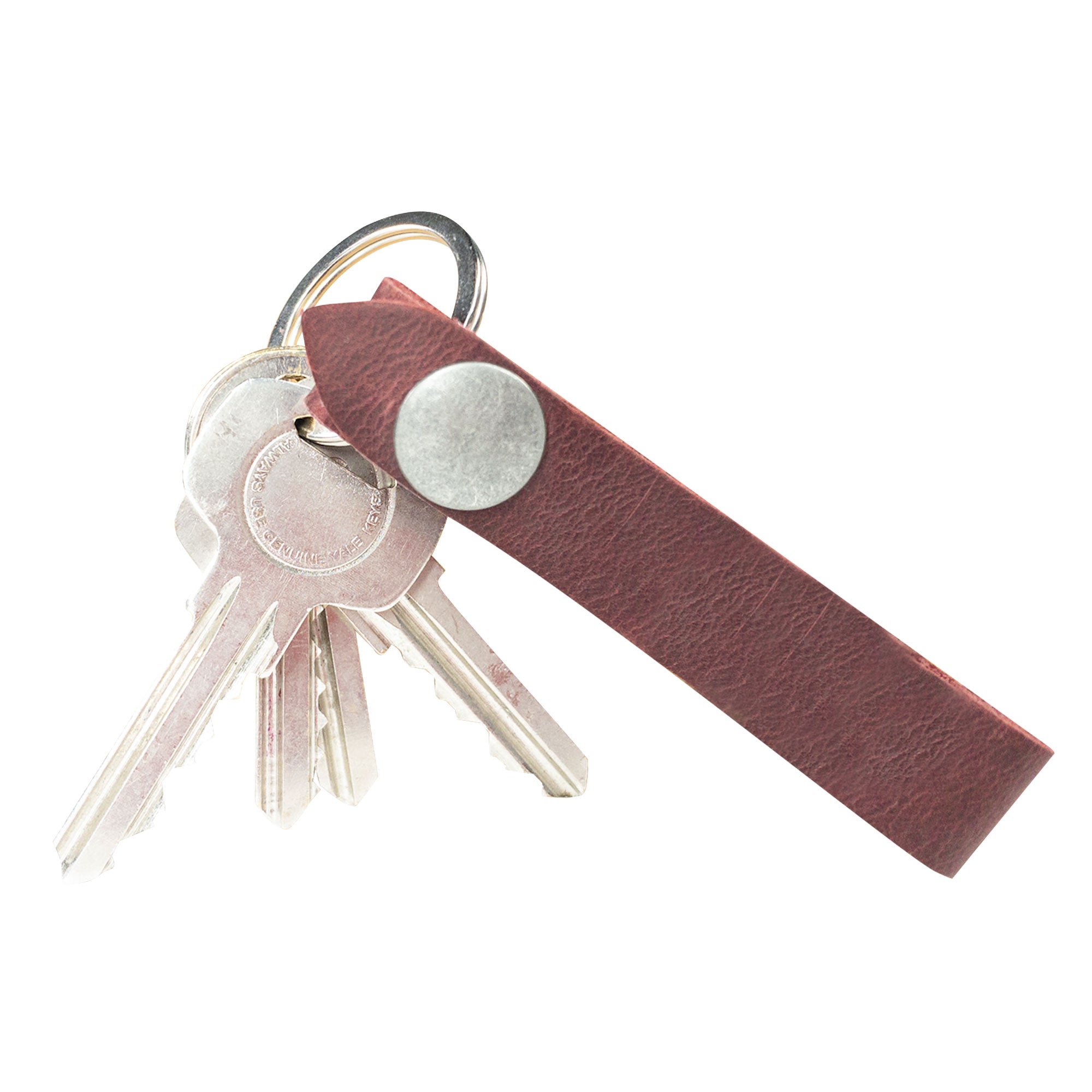 Hide & Drink Loop Keychain showcasing an elegant handcrafted design and vibrant red color. This keyring organizer is made from durable full grain leather, highlighting the artisanal process in La Antigua Guatemala & Oaxaca Mexico.