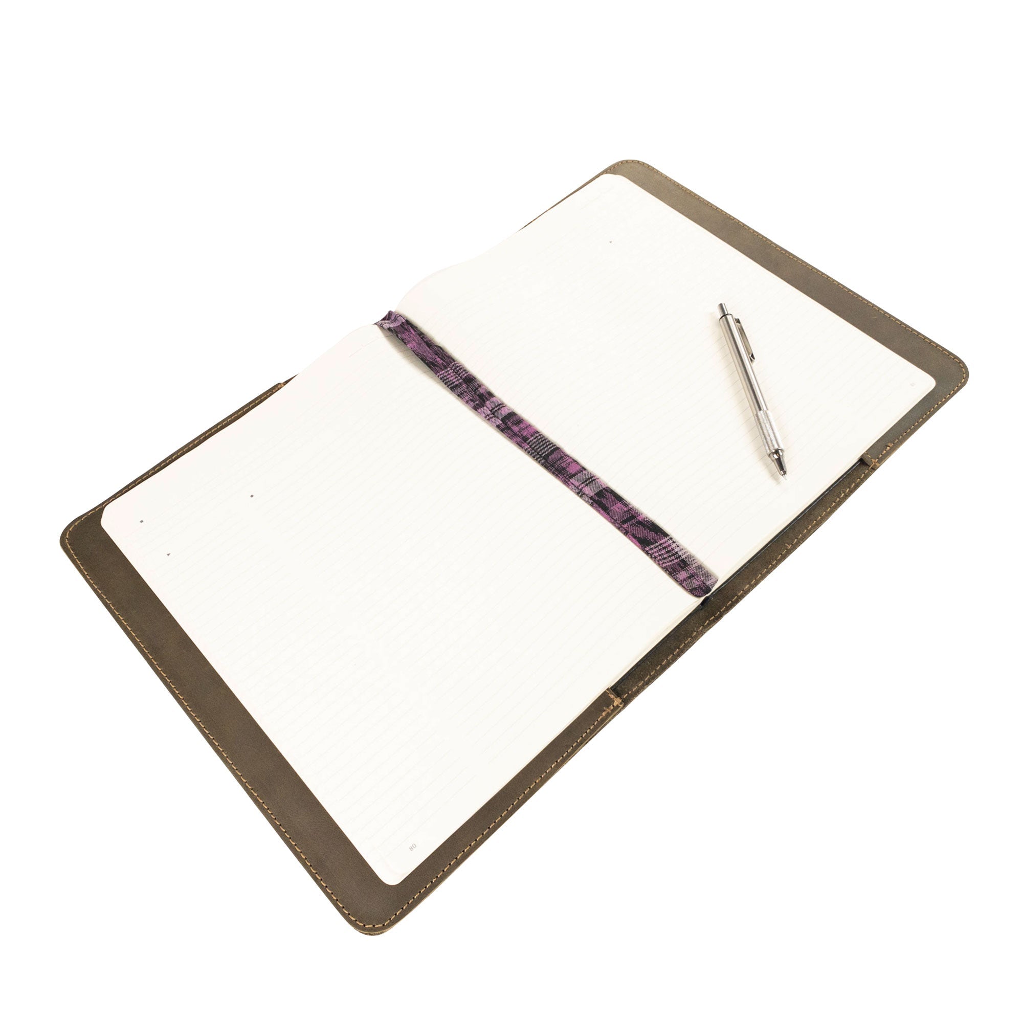 Detailed features of the Journal Cover for (8.5 x 11 in.) Moleskine Cahier XXL by Hide & Drink, revealing its artfully designed full grain leather. A perfect marriage of form and function, crafted in La Antigua Guatemala & Oaxaca Mexico.