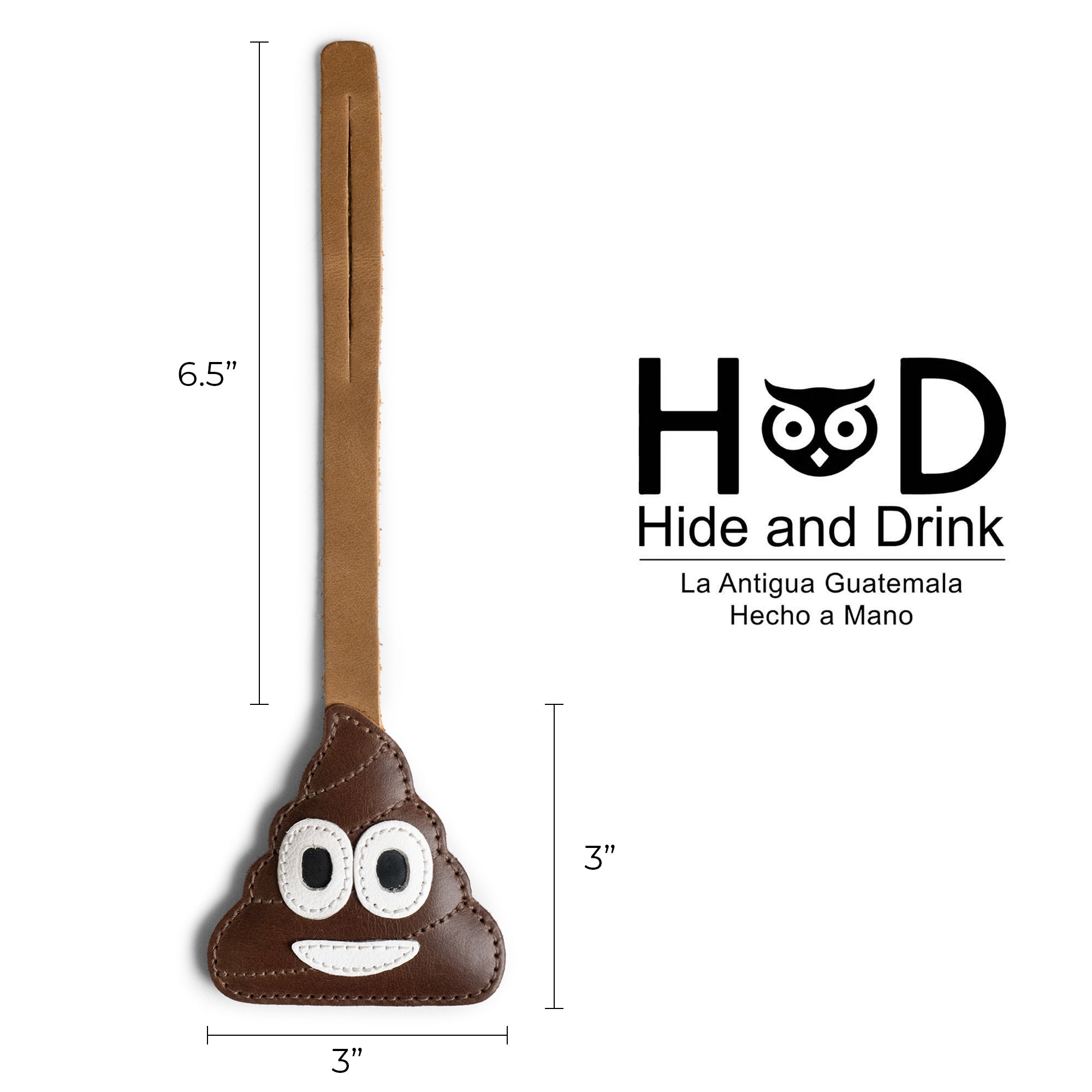 Dimensions of the Poop Emoji Bag Charm by Hide & Drink displayed alongside its playful design. This accessory is great for women’s handbags, purses, and backpacks, showcasing an artisan, handmade quality with full grain leather, completed through small batch production and fire branded craftsmanship in La Antigua Guatemala and Oaxaca Mexico.