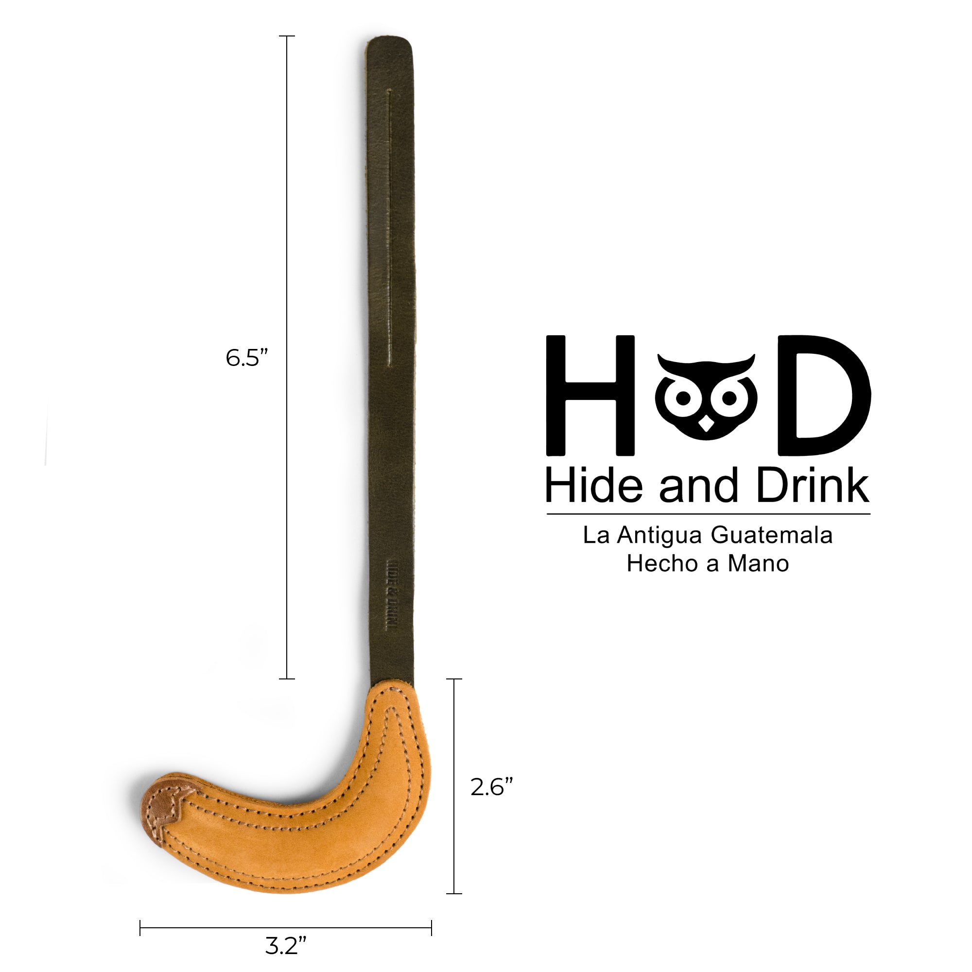 Hide & Drink Banana Bag Charm with measurement dimensions displayed, highlighting its handcrafted nature. This full grain leather accessory is perfect for handbags and backpacks as a purse charm. Handmade in La Antigua Guatemala and Oaxaca Mexico, it represents small batch production, hand-cut and hand-sewn quality, perfect for women seeking unique ornaments.