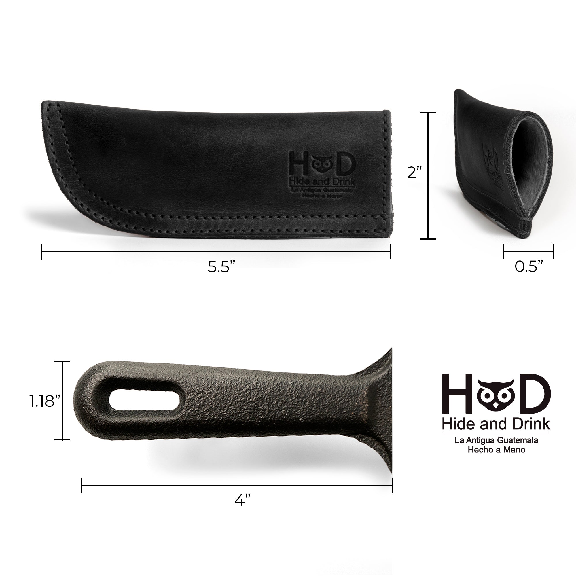 Hide & Drink Cast Iron Panhandle Cover showcased against a clean background, emphasizing functionality. This artisan hot handle protector is made from durable full grain leather with a stylish double stitched design. Handmade in La Antigua Guatemala & Oaxaca Mexico, it’s an essential kitchen accessory.