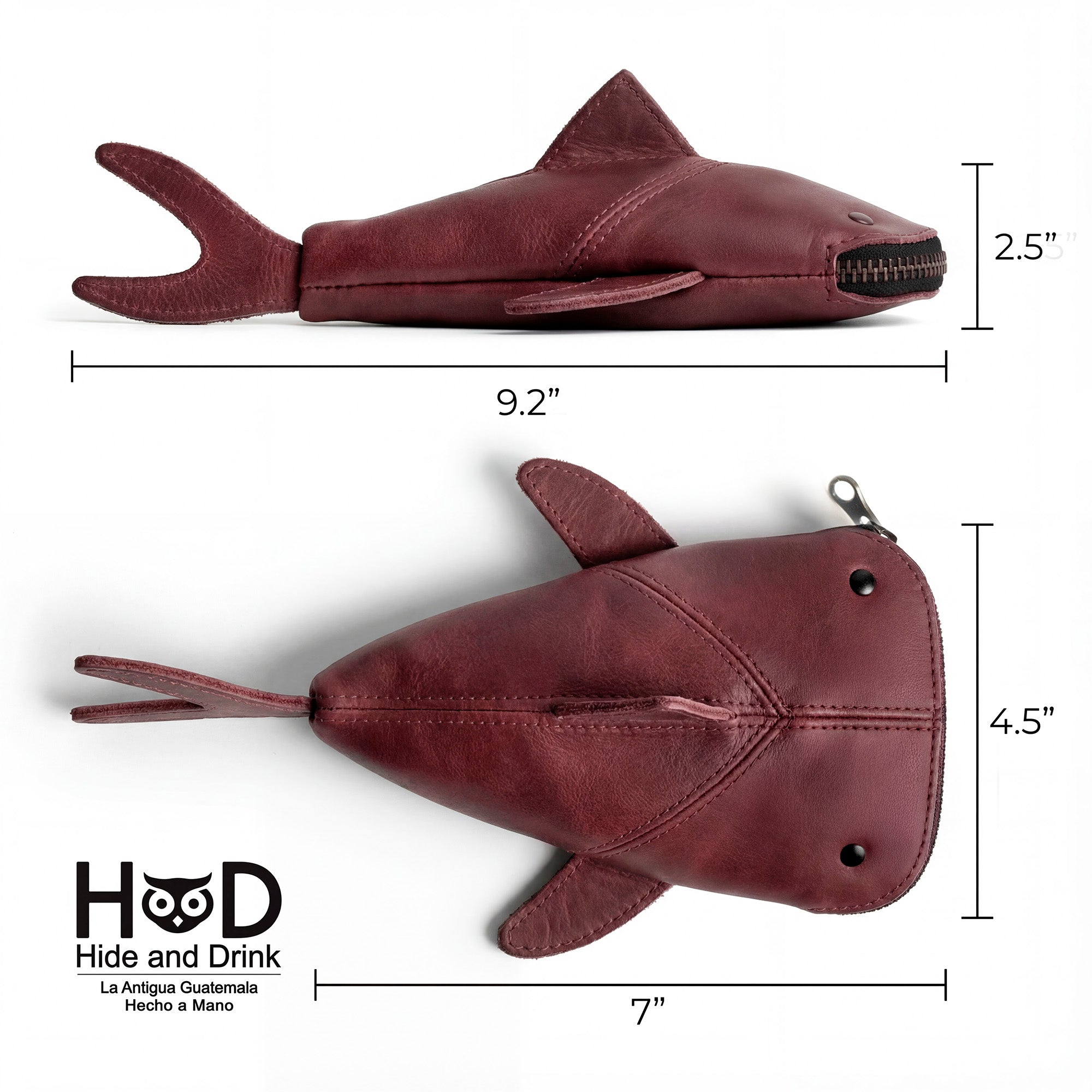 Dimensions of the Hide & Drink Leather Shark Pouch presented with measurements for user convenience. This stylish pouch combines function and fun, serving as a pencil purse, scissors case, or makeup carrying option, showcasing the artisan craftsmanship in every detail from small batch production in La Antigua Guatemala & Oaxaca Mexico.