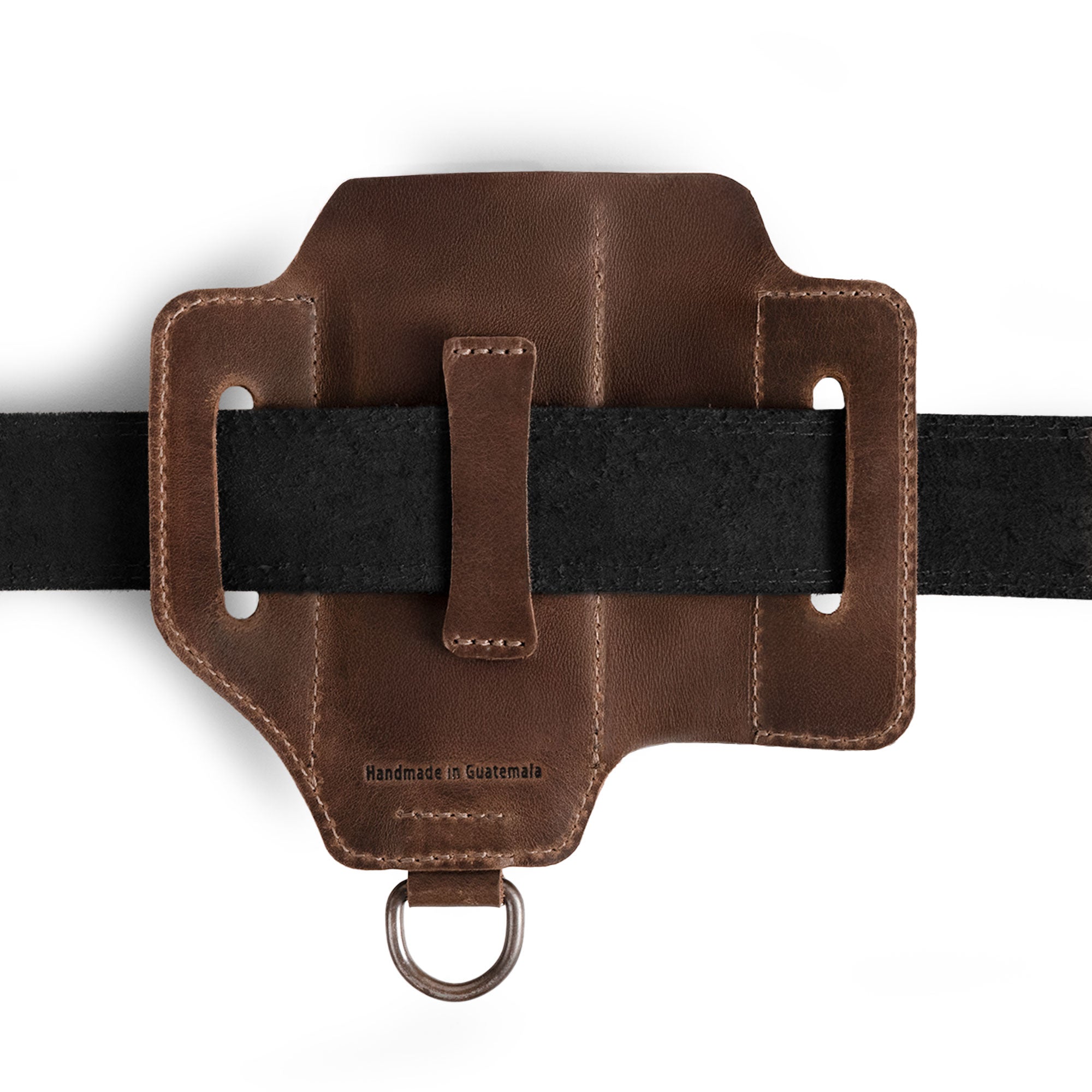 Hide & Drink Multi-tool Sheath for Waist Belt front view with measurements: Leather Multi-Tool Sheath for Waist Belt, Holster with Belt Loop, Outdoor Case, EDC Organizer for Belts, Pocket Knife Sheath, Camping Accessory, Multitool Pouch in full grain leather, Handmade in La Antigua Guatemala & Oaxaca Mexico with StockyardX small batch production, Hand Cut and Hand Sewn, Fire Branded Artisan.