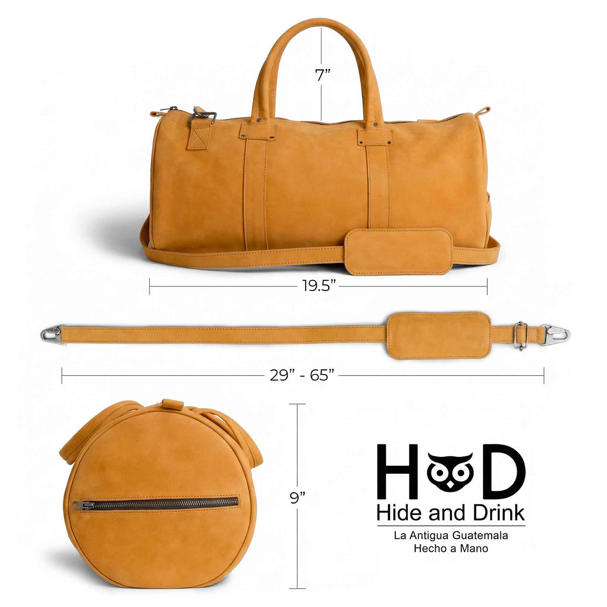 Classic Duffle Bag by Hide & Drink in orange suede leather, featuring an adjustable strap and zipper closure for travel convenience. This versatile Full Grain Leather Classic Duffle Bag makes an excellent Messenger Bag, crafted by artisans in La Antigua Guatemala & Oaxaca Mexico.
