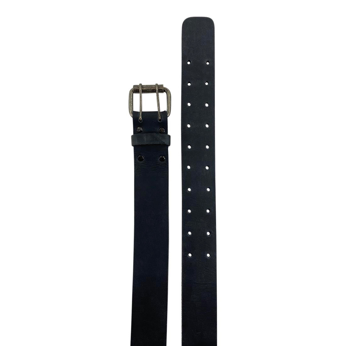 Close-up view of the black Reinforced Double Prong Buckle Belt by Hide & Drink, emphasizing the buckle and leather quality. This 1.5 in. wide belt is made from full grain leather, showcasing stockyardX standards through small batch production, detailing hand cut, hand sewn, and fire branded artisan techniques, made in La Antigua Guatemala & Oaxaca Mexico.