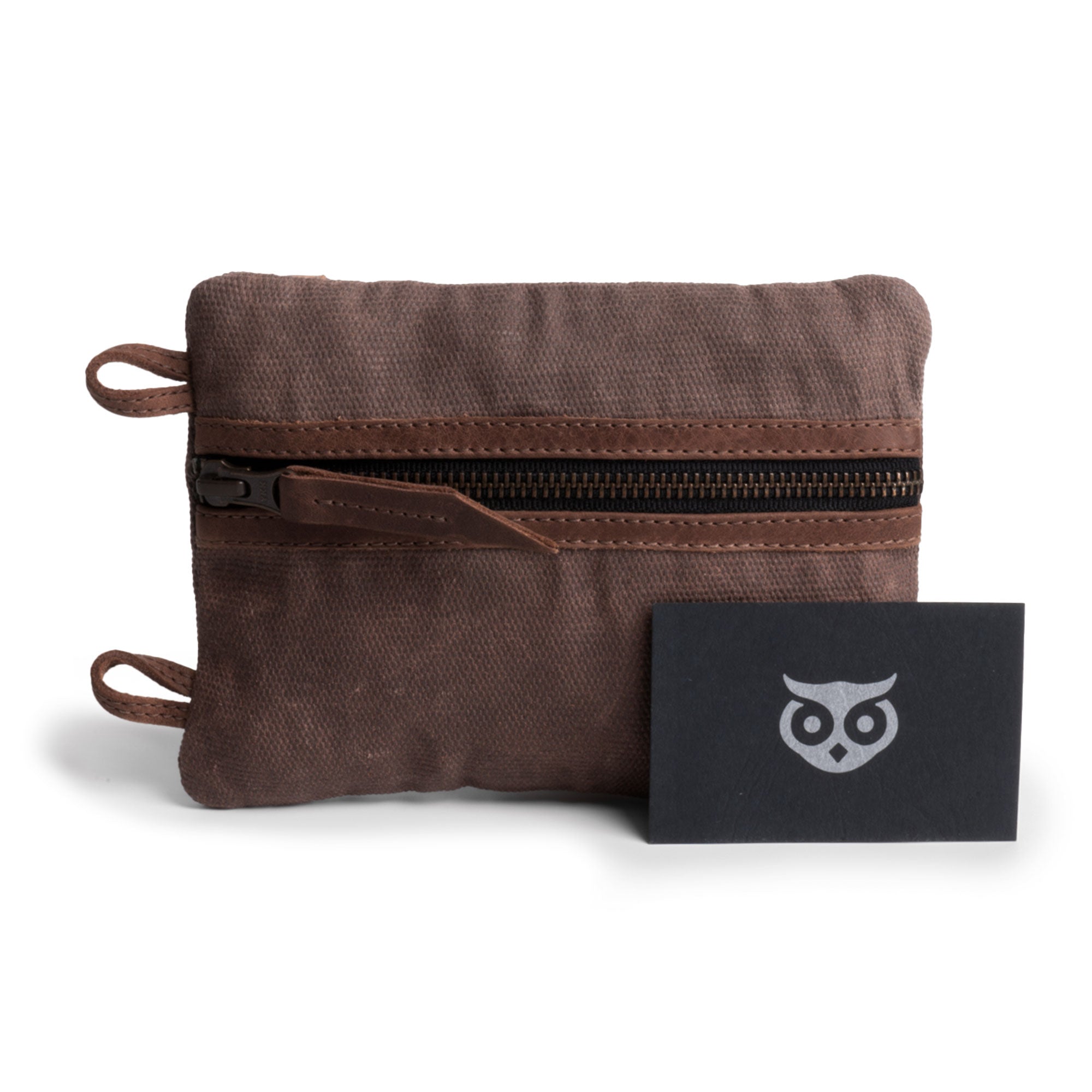 Dimensions of the brown Multi-tool Pocket Pouch - XL by Hide & Drink displayed alongside measurements, perfect for understanding its size for portability. Multi-Tool Pocket Pouch XL, Mini Camping Tool Case, Compact Multipurpose EDC Zippered Bag, Handmade Slim Organizer, Waxed Canvas, StockyardX, Small Batch Production, Artisan, Handmade in La Antigua Guatemala & Oaxaca Mexico.