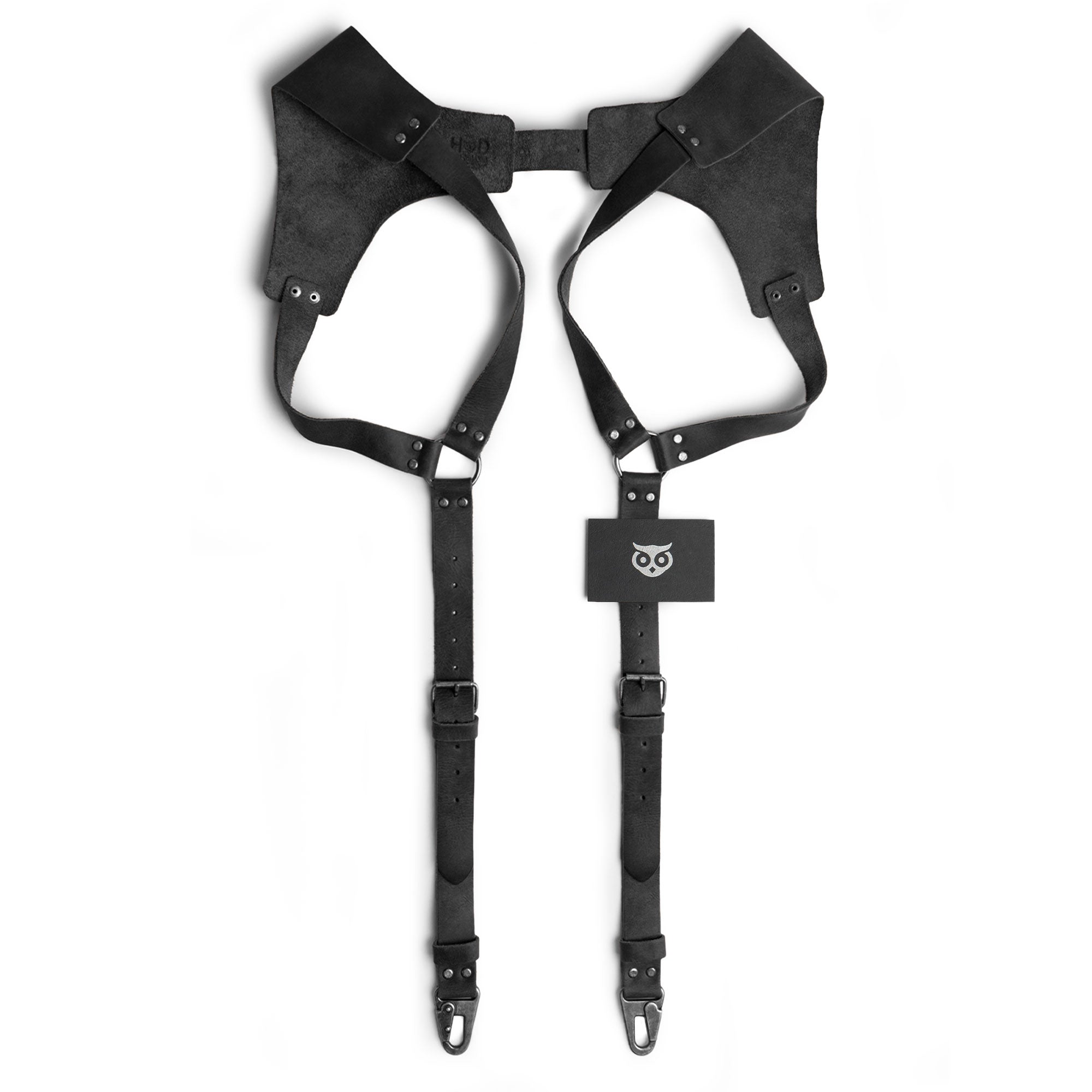 Renaissance Suspenders by Hide & Drink in black, displayed with branding tag. These back support harness for men are ideal for best men, showcasing hand sewn quality and artisan craftsmanship.