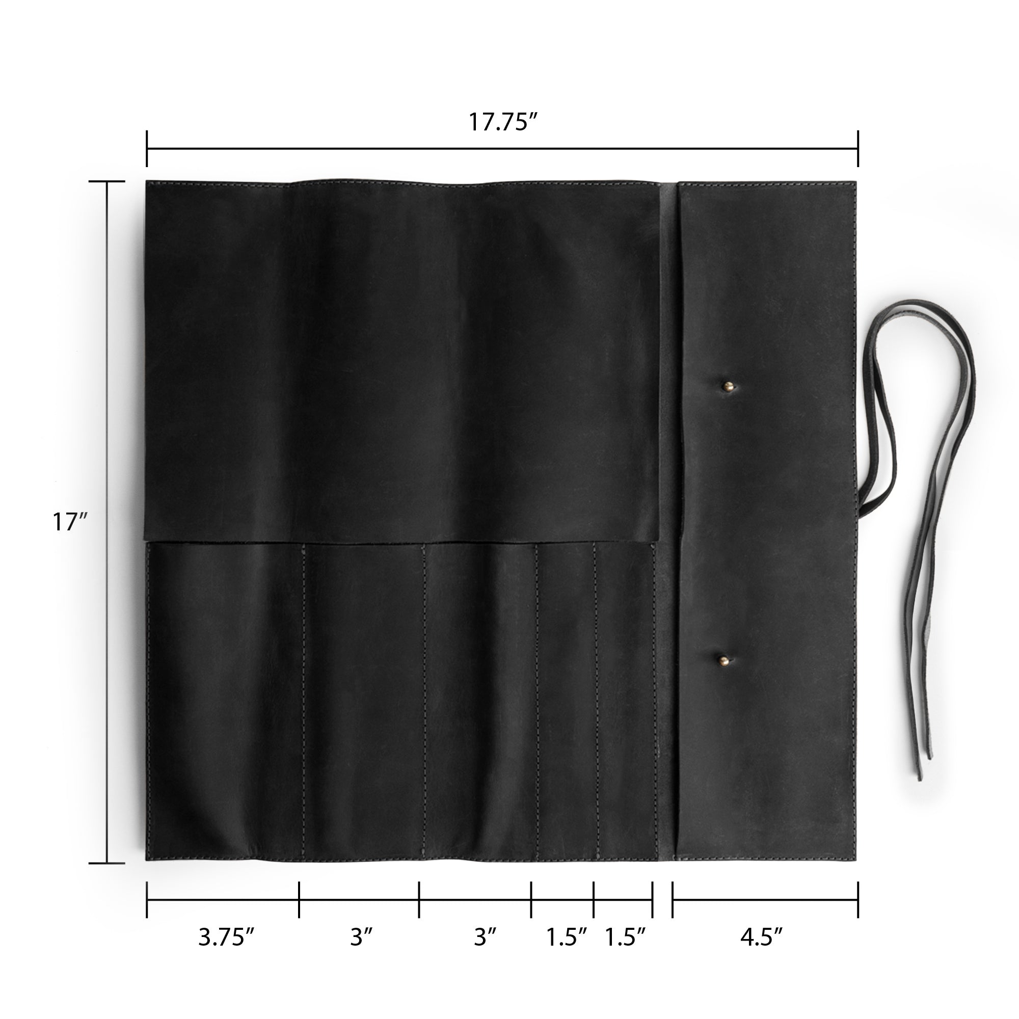 Hide & Drink Knife Roll (5 Pockets) showcasing an expansive layout made from rich Full Grain Leather. This Chef Knife Bag is a stylish portable carrying case for knives that captures artisan craftsmanship, emphasizing handmade quality through small batch production, hand cut techniques, and hand sewn details.