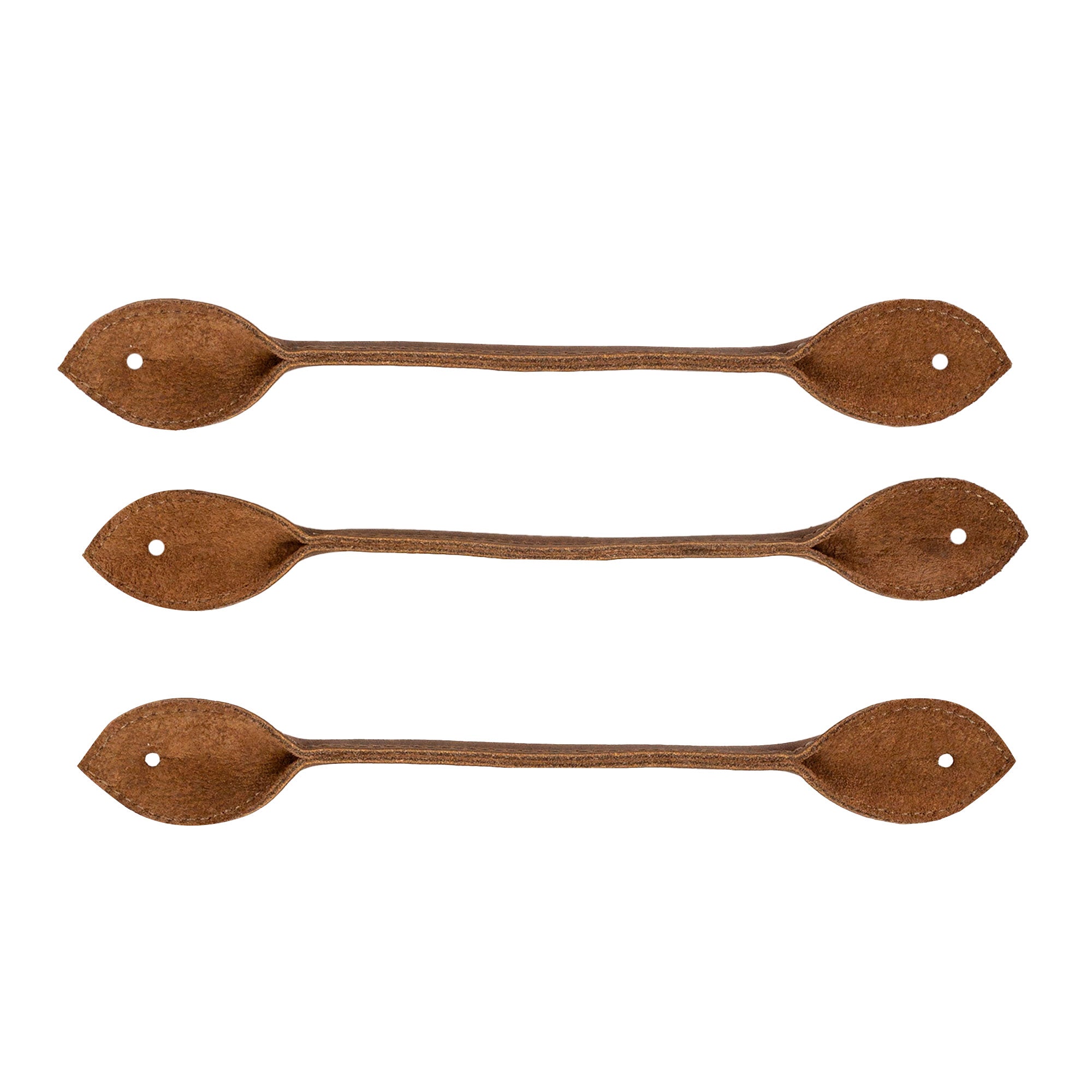 Set of 3 Button End Attachments for Suspenders by Hide & Groom, laying flat to display their craftsmanship. Perfect for groomsmen and wedding ceremonies, these hand cut and hand sewn leather attachments are artisan-made in La Antigua Guatemala, reflecting quality and style.