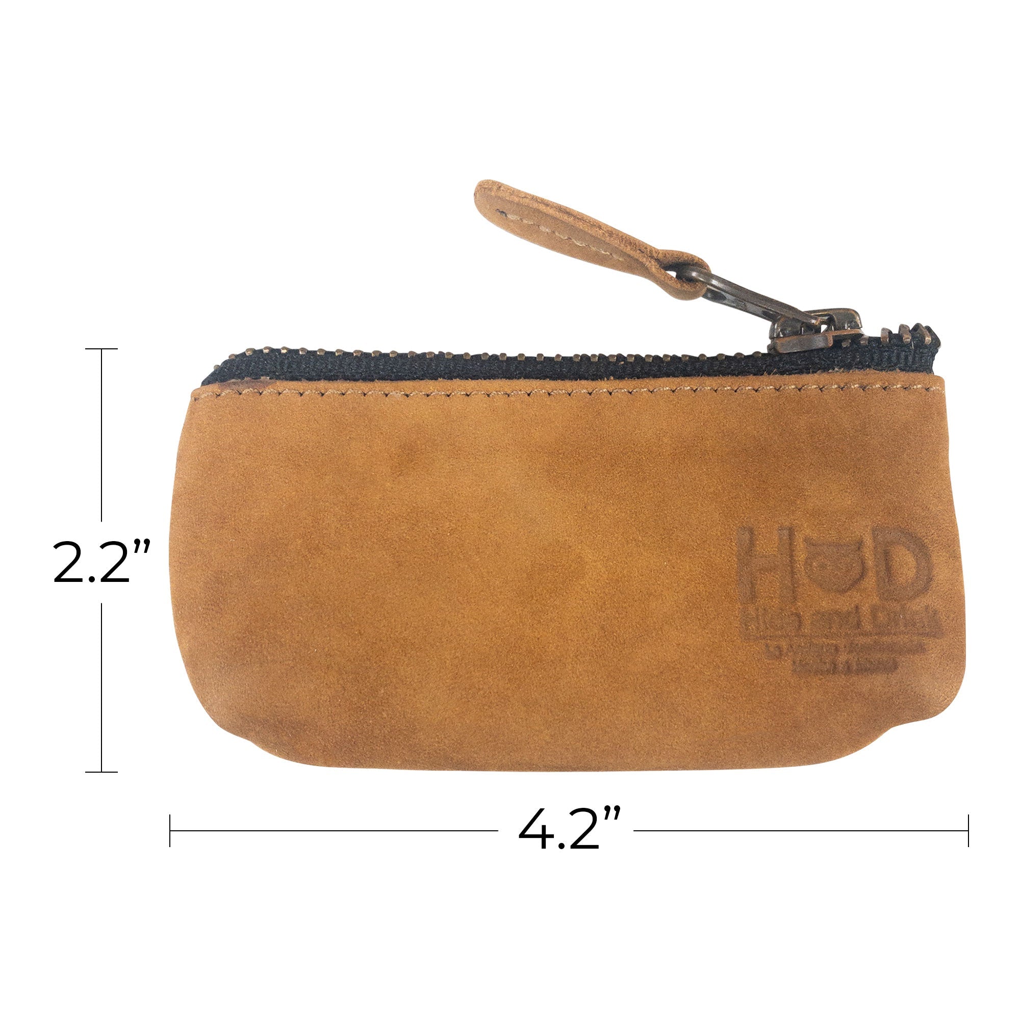 Hide & Drink Key Holder Zippered Pouch with dimensions showcasing its practical size. A versatile pouch for coins or charging cables, artisan-made with a commitment to craftsmanship.