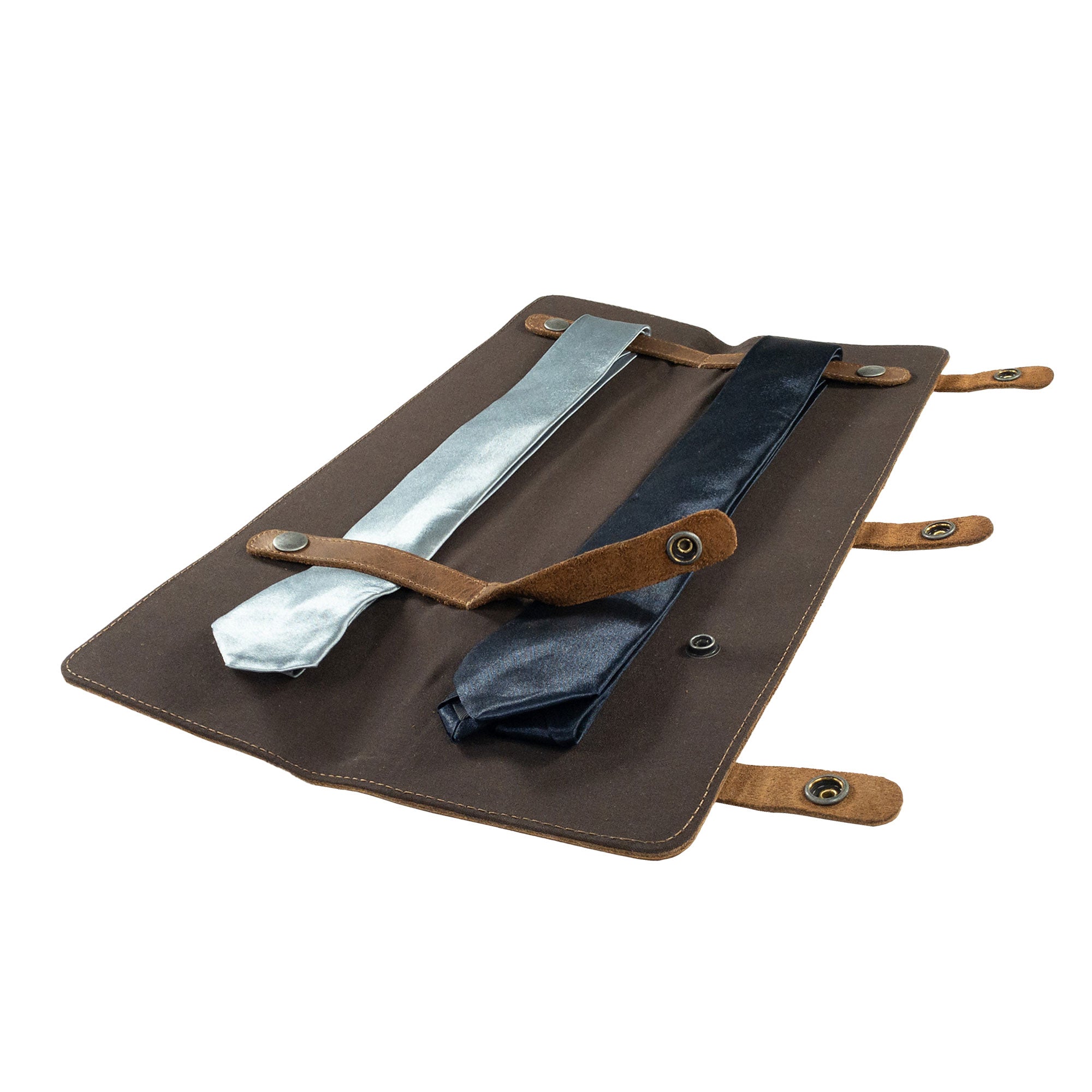 A side view of the Travel Tie Case by Hide & Groom, demonstrating its compact design for easy travel. This Travel Tie Case is perfect for wedding ceremonies, featuring an extra pocket for accessories and handmade craftsmanship.