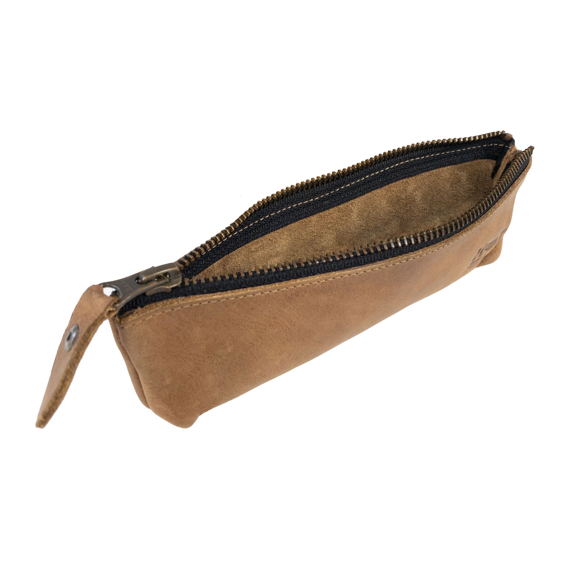 Sleek and stylish Pencil Pouch by Hide & Drink, showcasing a flat zippered holder made of full grain leather. Ideal rectangular pencil case for organizing pens and markers for men and women. Hand cut and hand sewn by artisans in La Antigua Guatemala, this classic style is perfect for artists.